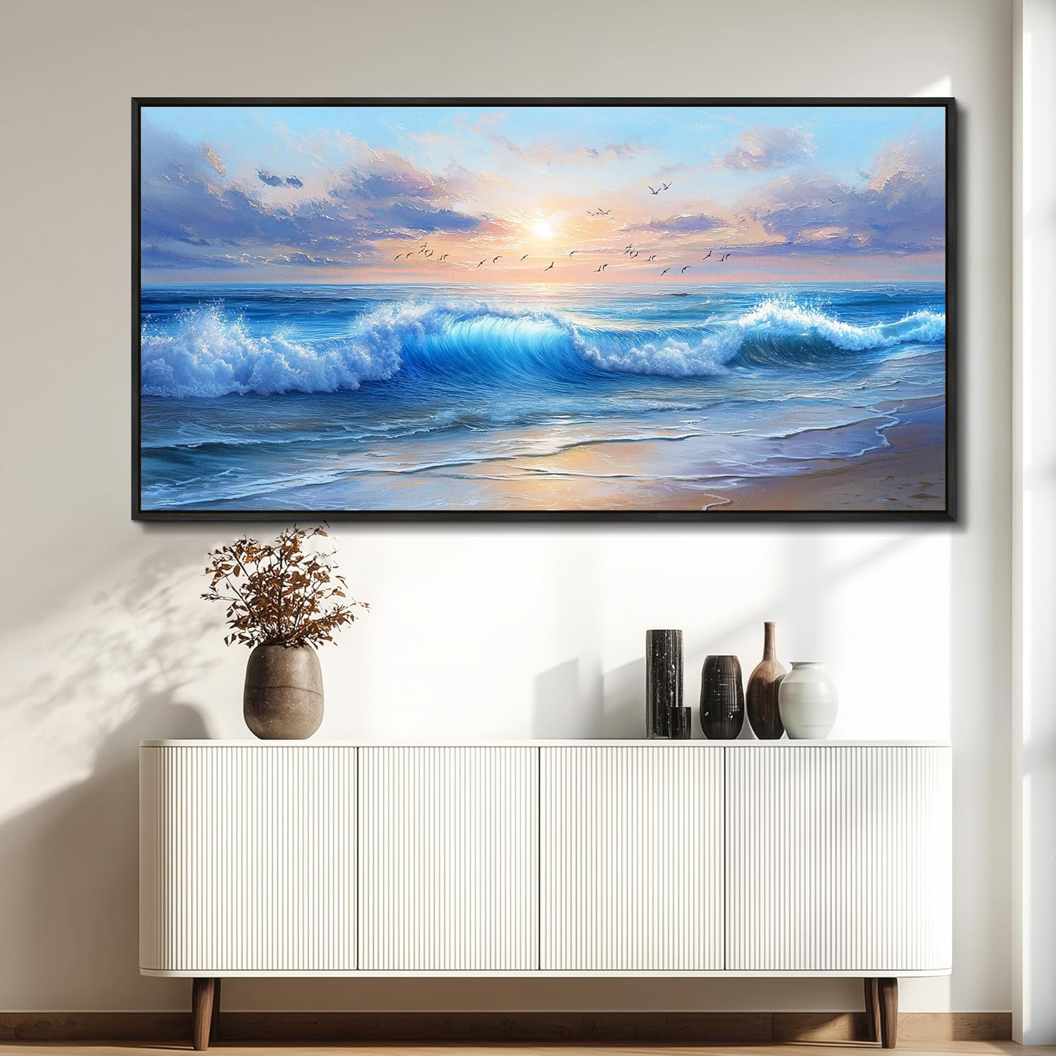 XIGUANGART Ocean Canvas Wall Art, Blue Sea Wave and Large Coastal Beach Paintings Sunset Seascape Pictures Artwork Wall Decor for Living Room Bedroom Bathroom Kitchen Hallway Home Office Black Framed
