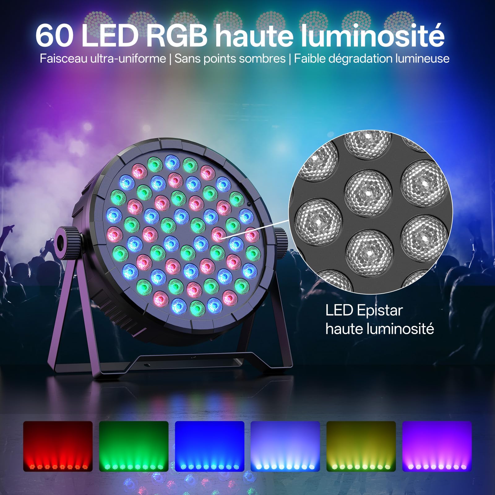 Projecteurs Par à 60 Led, Éclairage De Scène Rgb Avec Télécommande Et Contrôle Dmx512 Lumières Disco Et Éclairage Festif, Parfaits Pour Les Dj, Bars, Mariages, Fêtes, Halloween Et Noël.