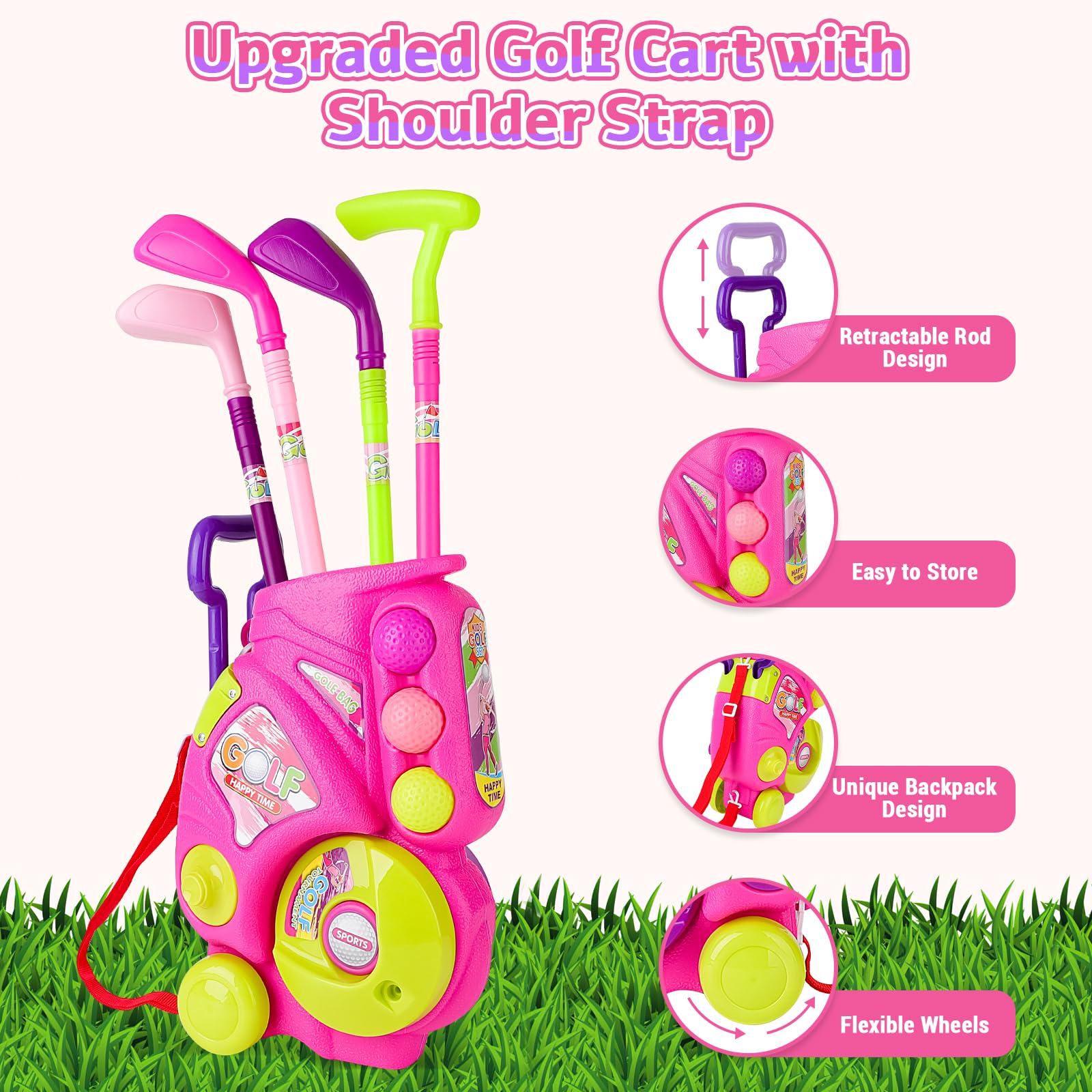 deAO Golf Set Giocattoli per Bambini, Tappetino da Golf, 4 Putter da 60CM, 6 Palline da Golf, Giocattoli per Bambini, Giocattoli da Interno Esterno Regali di Compleanno per Ragazzi Ragazze