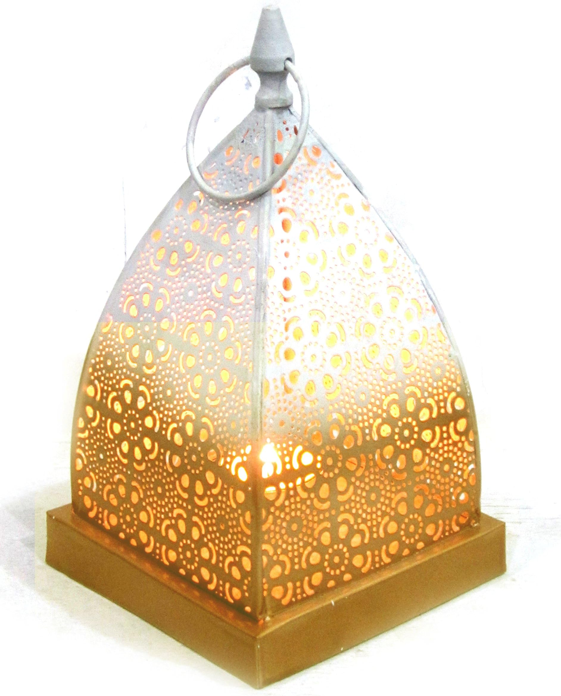 Nexplora Industries White and Golden Finished Decorative Pyramid Shaped Lantern Tealight Candle Holder
