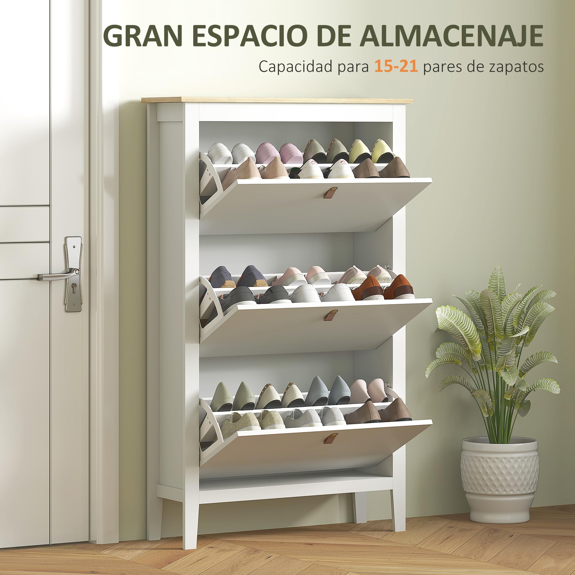 HOMCOM Zapatero Estrecho 4 Puertas, Zapatero Entrada Recibidor, Estantes Ajustables, Tiradores de PU, para 20 Pares de Zapatos, para Pasillo, Espacios Reducidos, 80x24x131 cm, Blanco