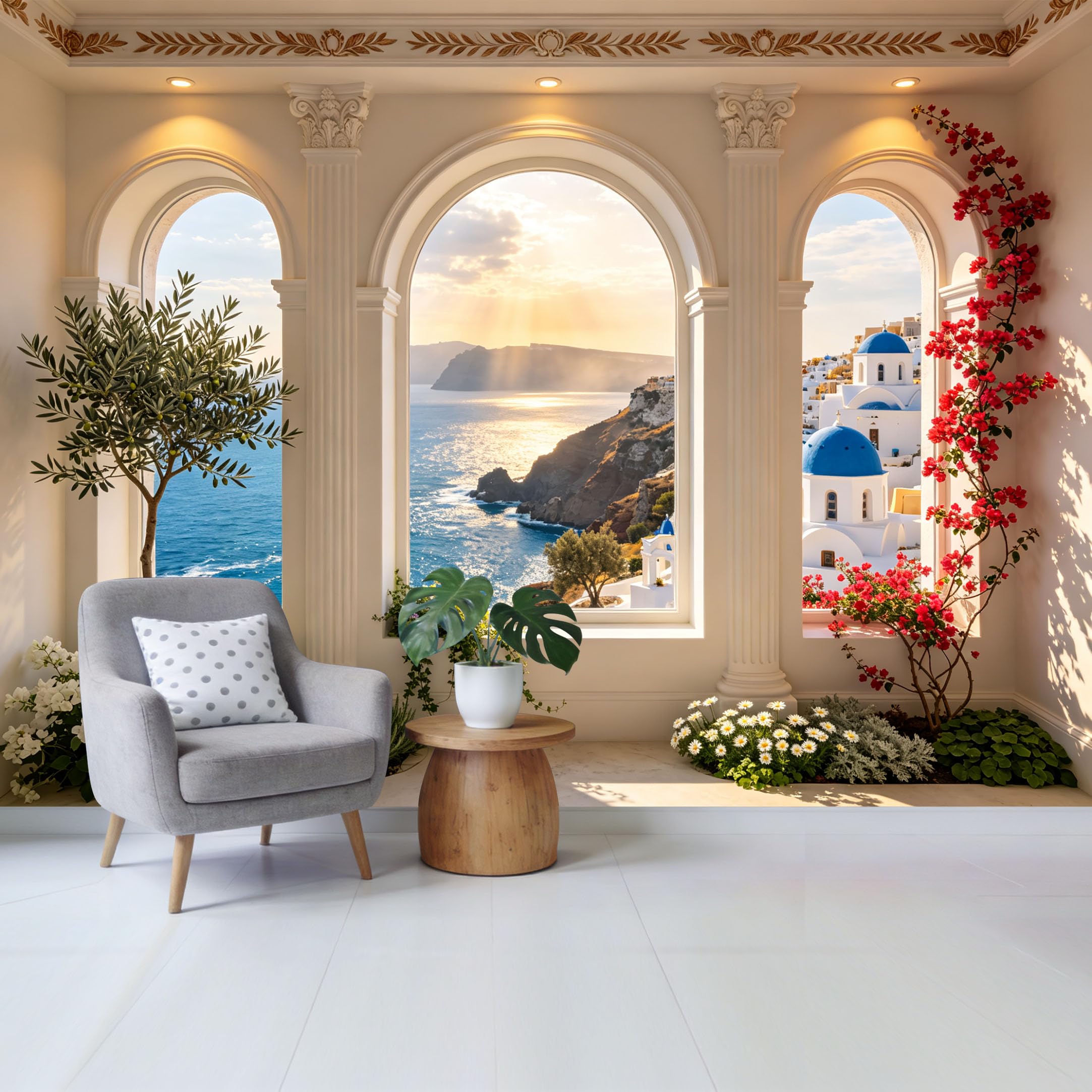 Custom Size Wall Mural Mediterranean Coastal Architecture Ocean View with Blue Dome Houses and Floral Arches Removable Self Adhesive Fabric Home Wall Decor for Living Room Bedroom Bathroom