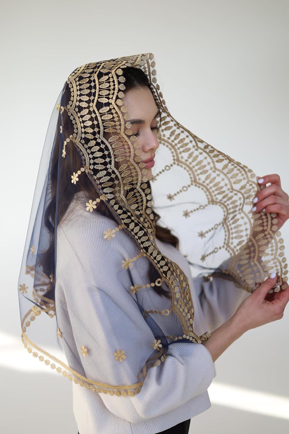 Catholic Mantilla Mass Veil - Triangle Cross Embroidery Church Lace Veil Spanish Chapel Mass Head Covering Long
