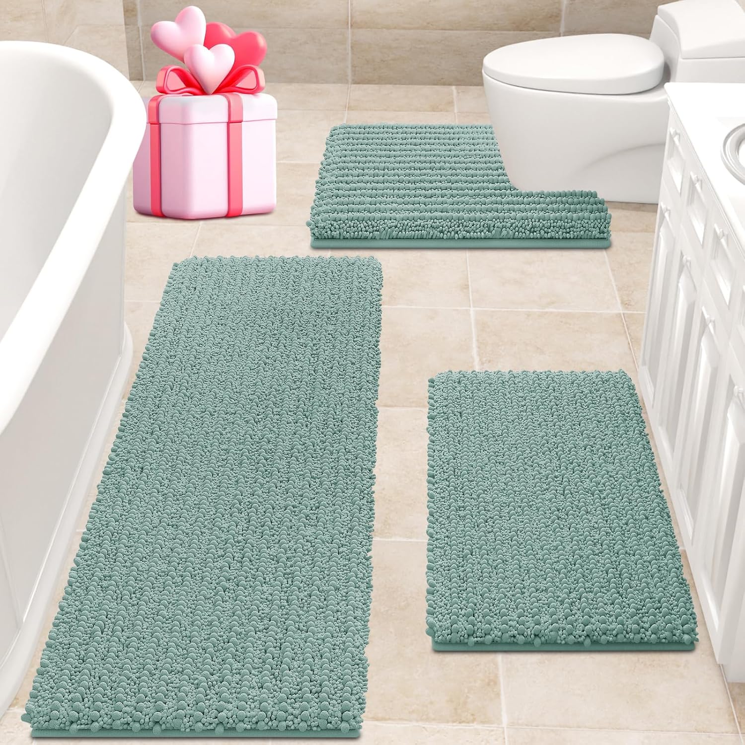 ACCUMTEK Upgrade Extra Eggshell Blue Bathroom Rug Set 3 Pieces Ultra Soft, Thick Absorbent Bath Mats, Non Slip Chenille Toilet Mat for Bathroom, Bedroom, Kitchen