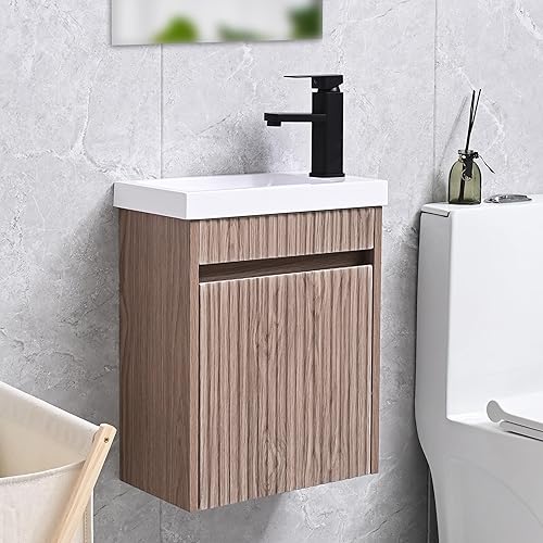 Miniatura 8 de USBATHJOY Combo de lavabo de baño de 16 pulgadas para espacio pequeño, juego de gabinete de baño montado en la pared con lavabo de resina blanca,