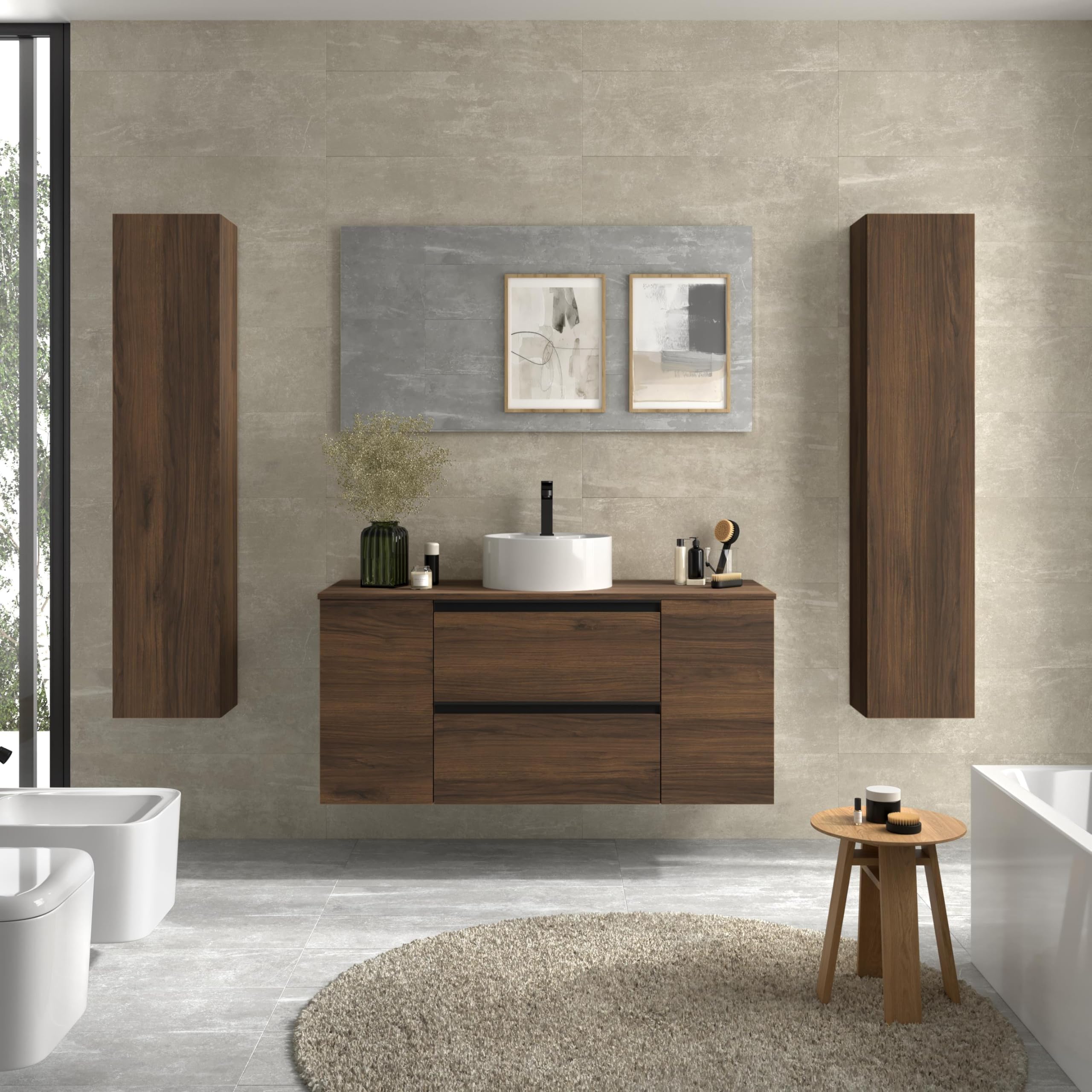 Mueble de Baño BEQUIA Plus Metal 120cm Nogal | Lavabo sobre encimera Porcelana Centrado 1P