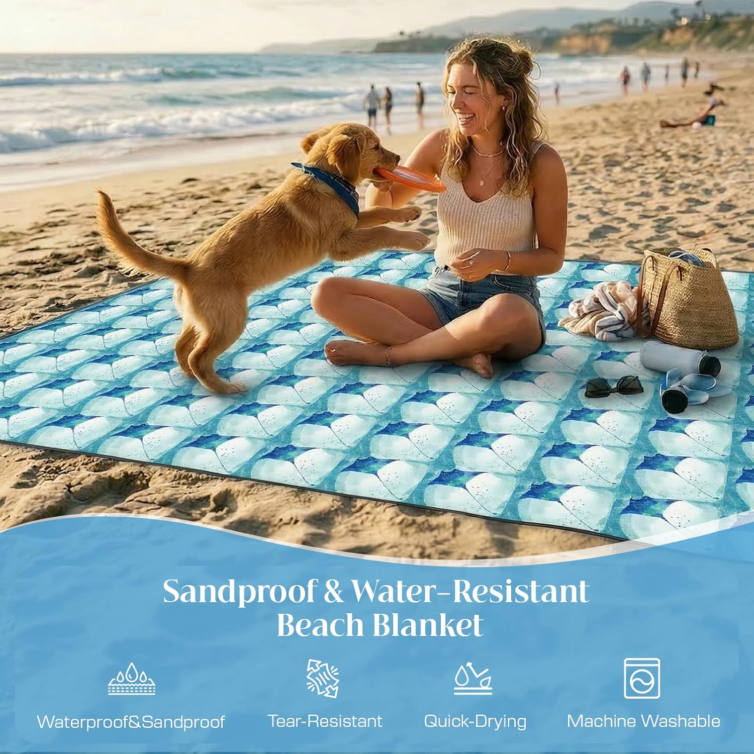 OIGAE Family Beach Blanket, 7×8 ft Sand-Free Picnic Mat for 1–4 People, Quick-Dry Lightweight Outdoor Blanket with Stakes & Corner Pockets, Manta Ray