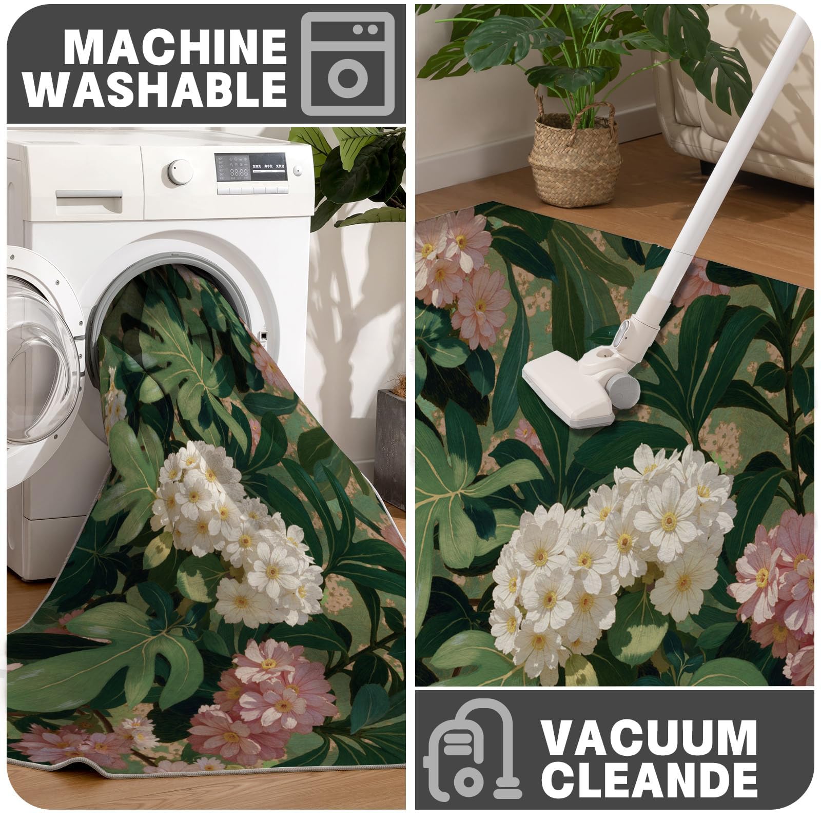 paillasson Fleurs Tropicales - Tapis Robuste Feuilles De Monstera Hortensia 60x90cm - Anti-dérapant Intérieur-Extérieur, Blanches Vertes