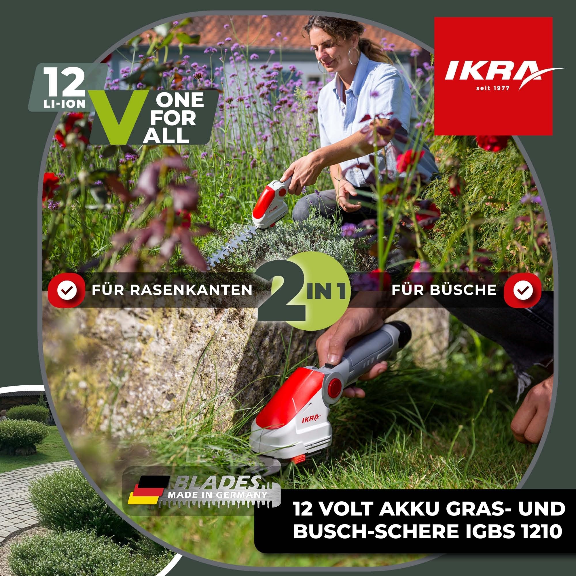 IKRA Akku Grasschere & Strauchschere IGBS 1210 2in1, inkl. Tasche | Inkl. Akku 12V & Ladegerät, 7-fach winkelverstellbarer Griff, Messer Made in Germany, kompatibel mit IKRA 12V Akku-Familie