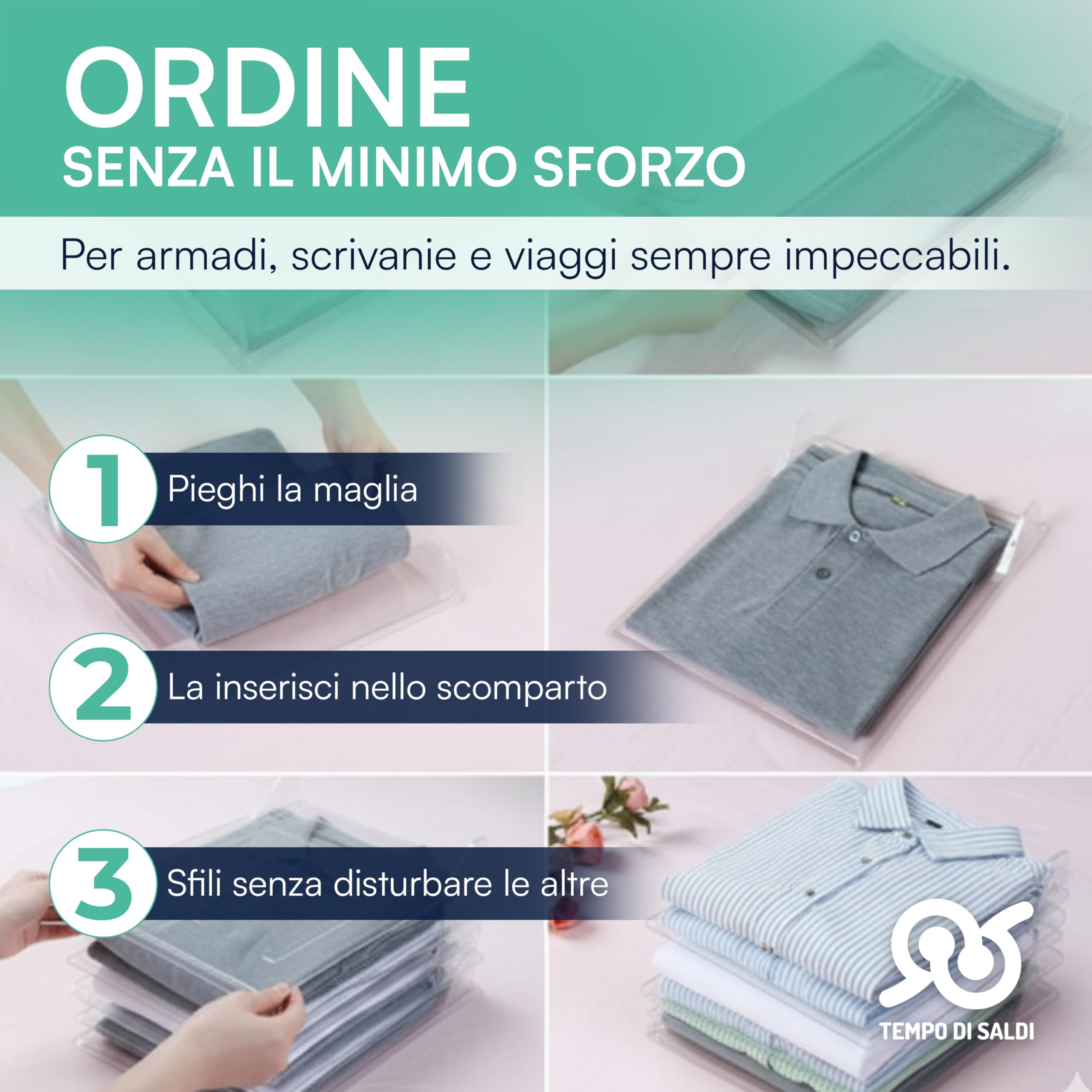 TEMPO DI SALDI Zajmujący mało miejsca system składania do szafy, szuflady, t-shirtów, koszulek, 10 sztuk
