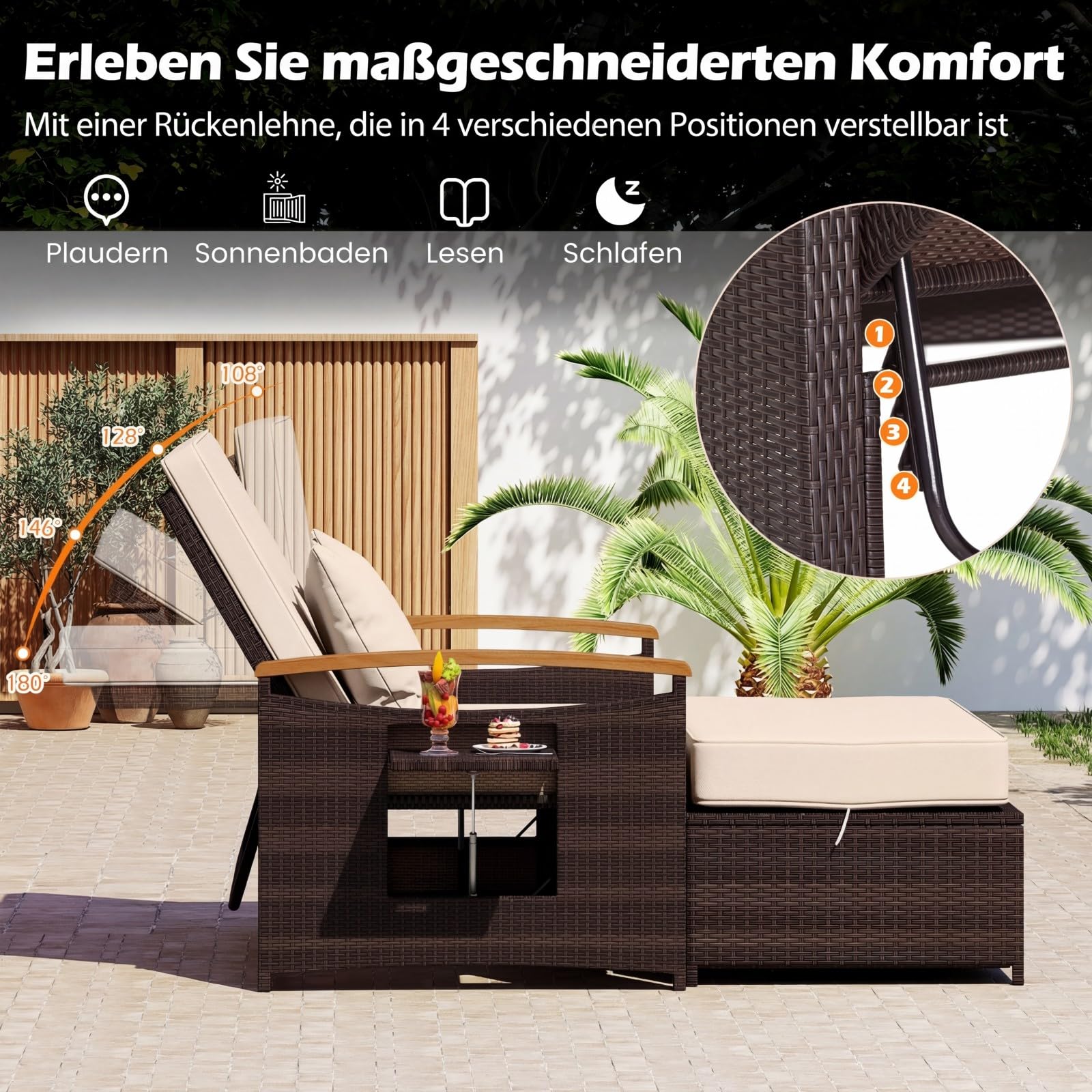 COSTWAY Rattan Lounge Sofa, Lounge Möbel Outdoor, Gartensofa mit Liegefunktion, 2-Sitzer Gartenlounge mit Kissen & Seitenablagen, Polyrattan Gartenmöbel, Balkon Möbel, Balkonmöbel Kleiner Balkon