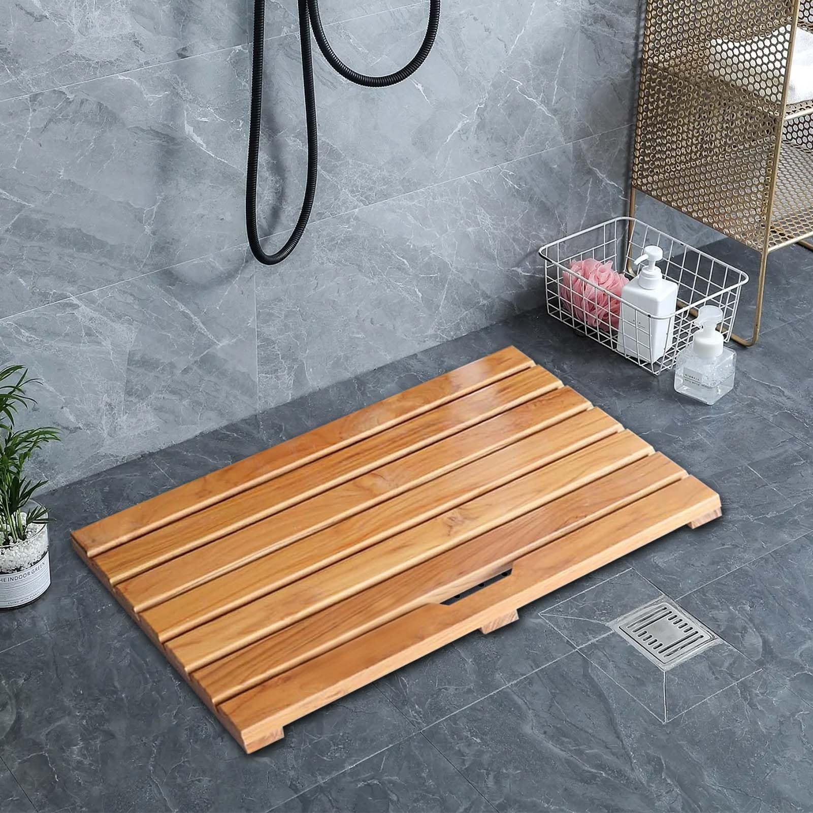 QYMYOZ Non-Slip Wooden Bath Mat Quick-Dry Shower Platform with Drain Hole 60x60cm (24x24in) Durable Bathroom Mat for Indoor Use (30-120cm)