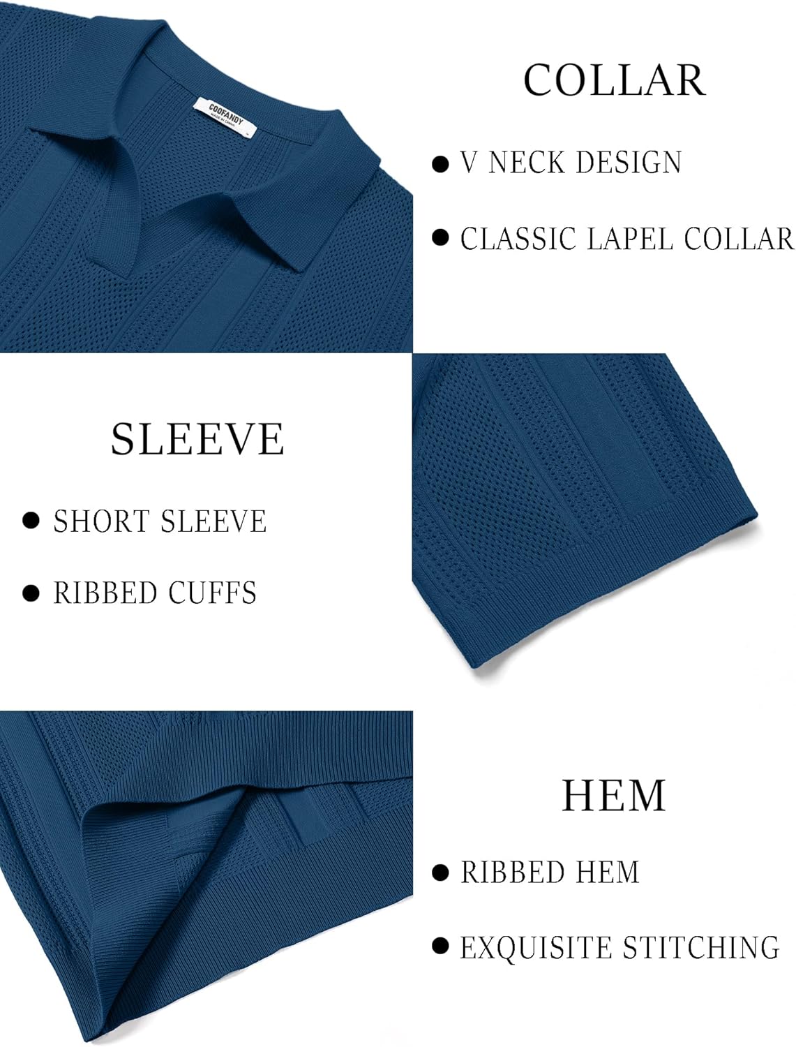 COOFANDY Mens Knit Polo Shirts V Neck Textured Polo Shirts Short Sleeve Breathable Polo Casual Collared T Shirt Fashion Tops - Image 6