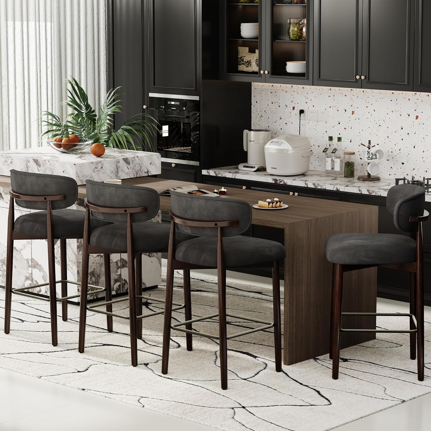 Upholstered Bar Stools Set of 4, 26″ Counter Height Bar Stools with Wood Legs, Kitchen Island Stools with Back, Linen Fabric , Curved Back, Metal Footrest, for Kitchen Island Dining Room Bar, Gray