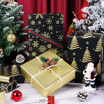 Christmas Wrapping Paper Rolls, Mini Roll - 3 Rolls Black and Gold Xmas Wrapping Paper, Gold Foil Christmas Trees and Snowflake Wrapping Paper for Xmas, New Year, Winter Holiday, Party, 17 x 120 Inch Each Roll