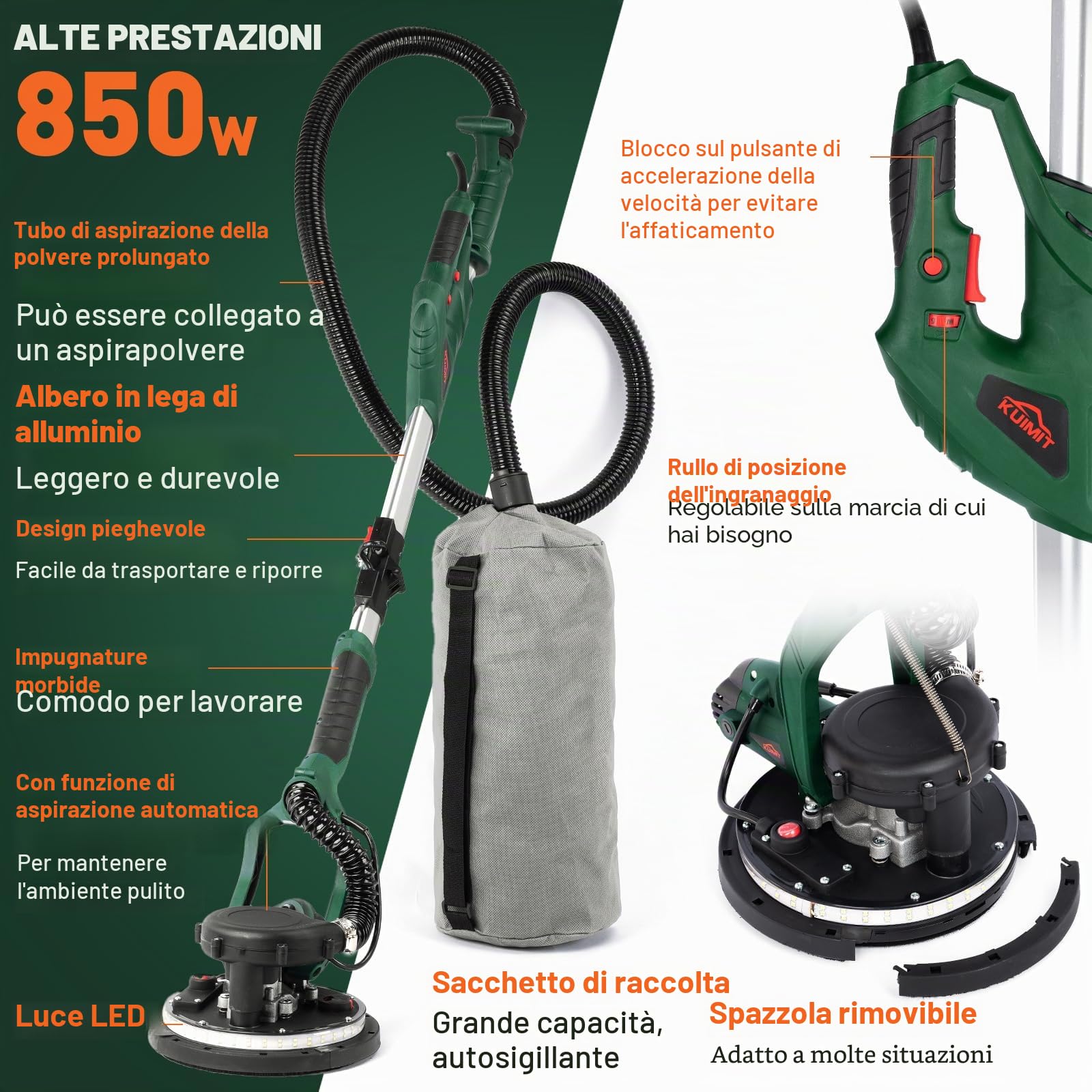 Levigatrice per Cartongesso, 850W Levigatrice per Muro Elettrica con 12 Dischi Abrasivi, 6 Velocità Variabile 800-1750 RPM, con Impugnatura Estensibile, luce LED, Tubo per la Polvere Lungo