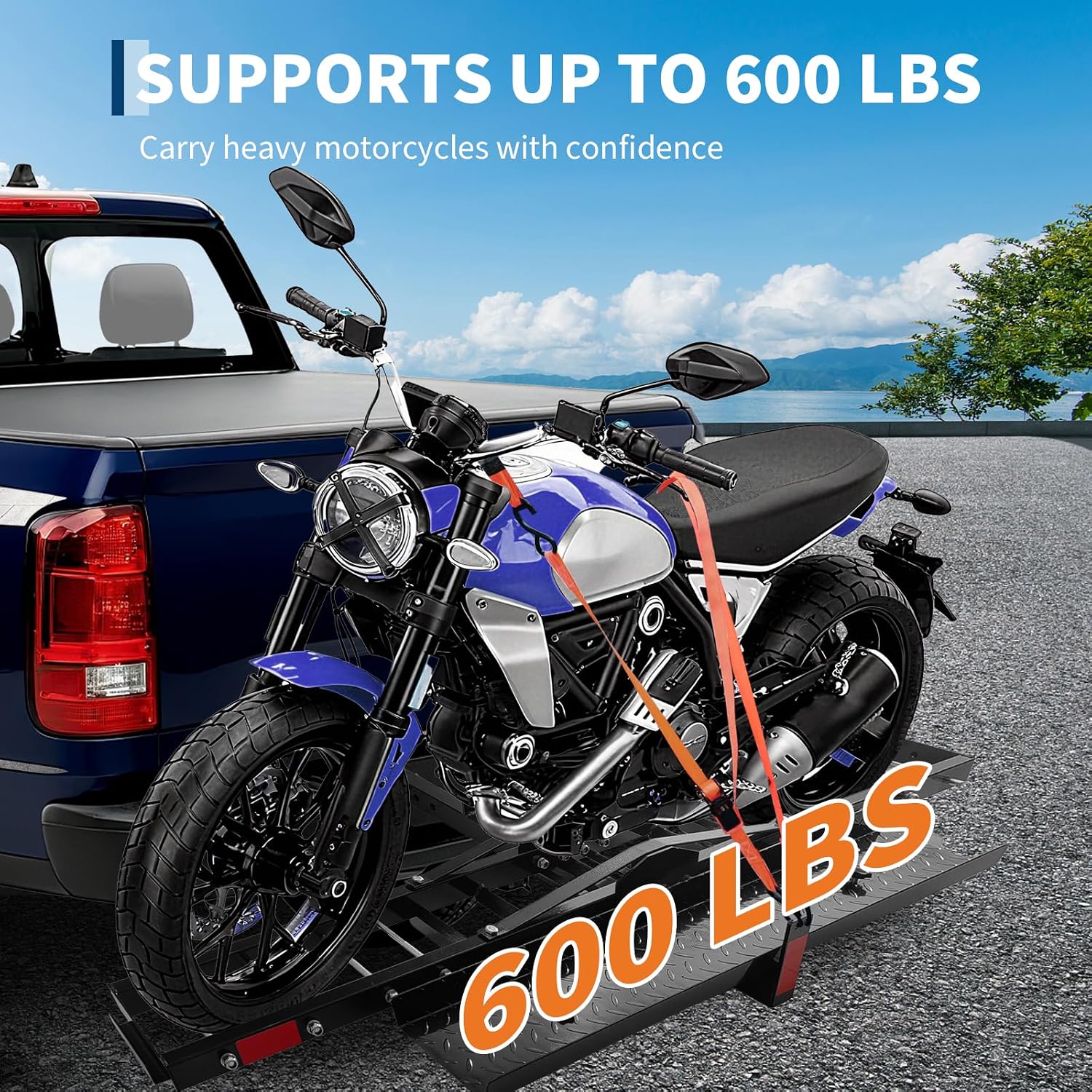 Motorcycle Hitch Carrier Bike Rack Premium Aluminum | 600LB Capacity with Low-Profile Engineering | Quick-Connect Installation for Truck/SUV Applications