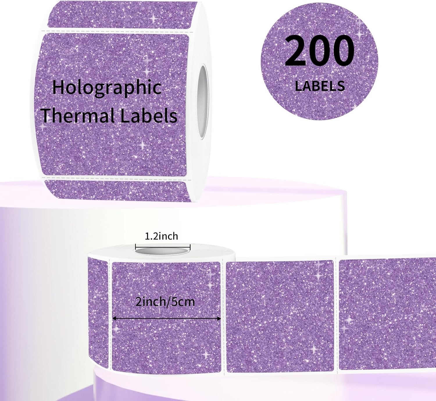 Square Thermal Labels Stickers 2" x 2", Holographic Purple Thermal Stickers Labels, Glitter Self-Adhesive Direct Thermal Label for Small Business- Perforation Line Design - Image 2