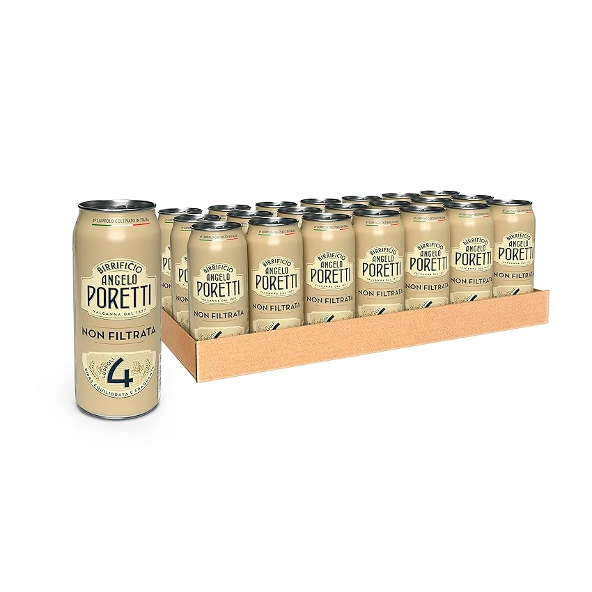 Birrificio Angelo Poretti Birra 4 Luppoli, Cassa con 24 Lattine di Birra da 50cl, Birra Premium Lager Non Filtrata, Gusto Equilibrato e Fragrante, Gradazione Alcolica 5.0% Vol