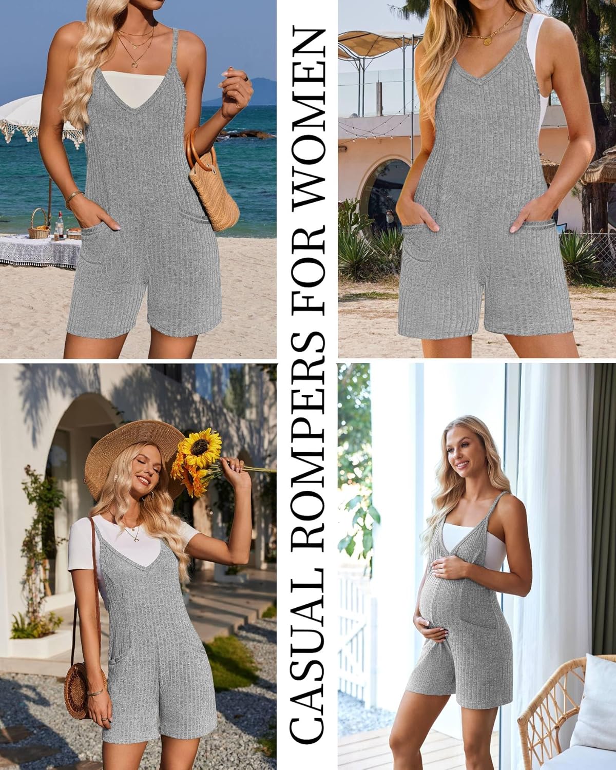 Ekouaer Rompers for Women Summer Casual Sleeveless Spaghetti Strap Jumpsuit Ribbed Shorts Overalls with Pockets - Image 3