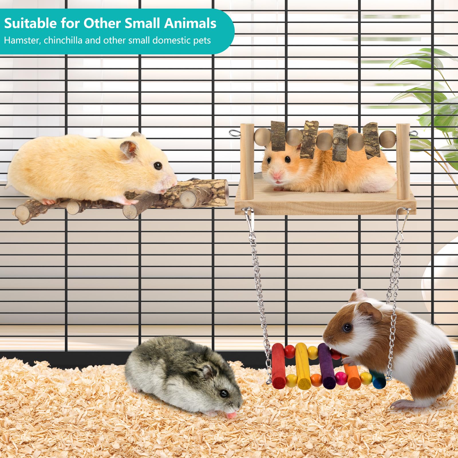 DBNESS 4 Pcs Bird Perch with Swing, Parrot Perches Platform with Chew Blocks, Natural Climbing Ladder Bridge Colorful Hammock for Budgies, Cockatiels, Lovebirds, Finches - image 7