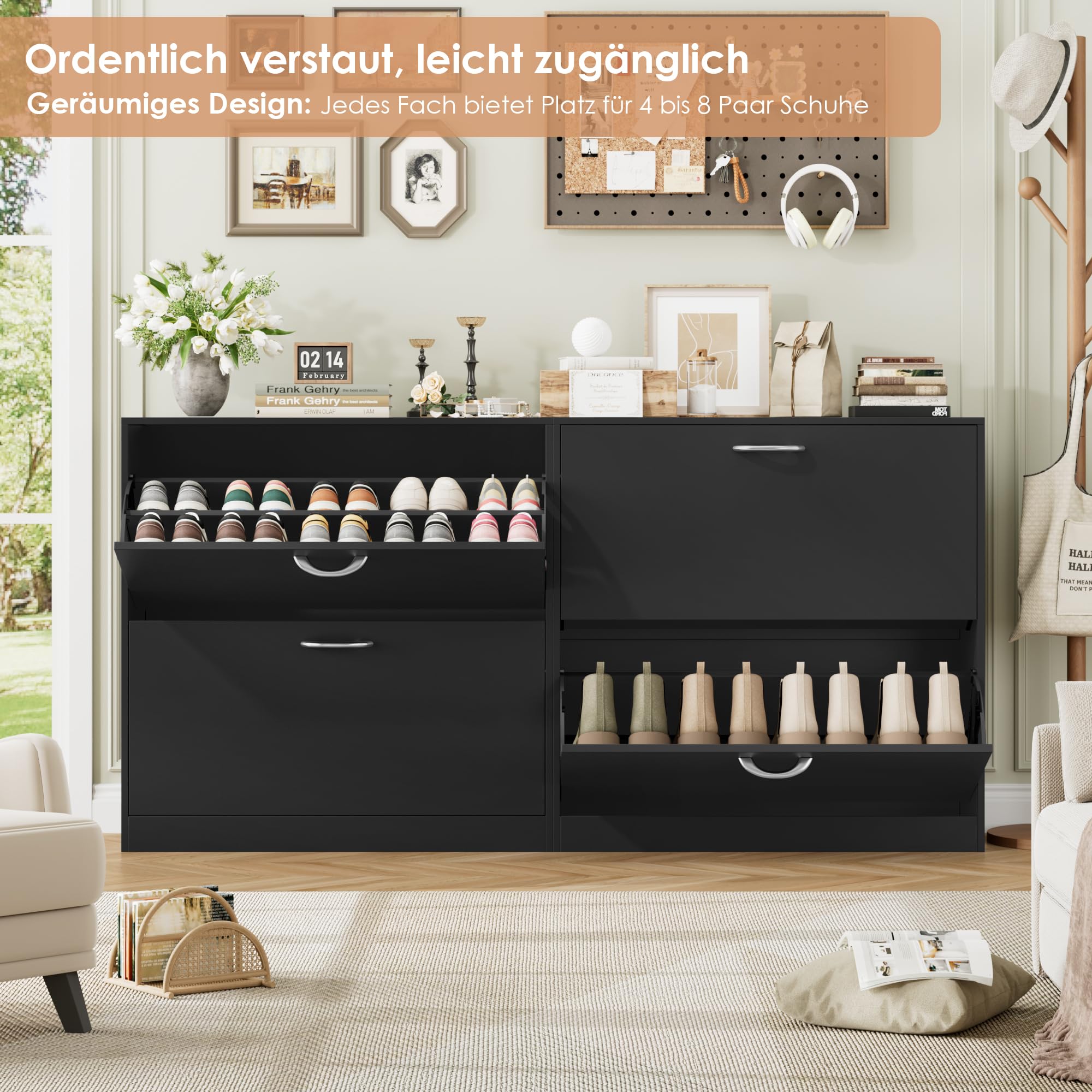 FirFurd Schuhschrank schwarz mit Schuhkipper für 8-16 Parre, Schuhregal platzsparend für Schuhaufbewahrung schmaler Schuhschrank 80cm breit für Diele, Flur, Eingang 80x80x23,5cm