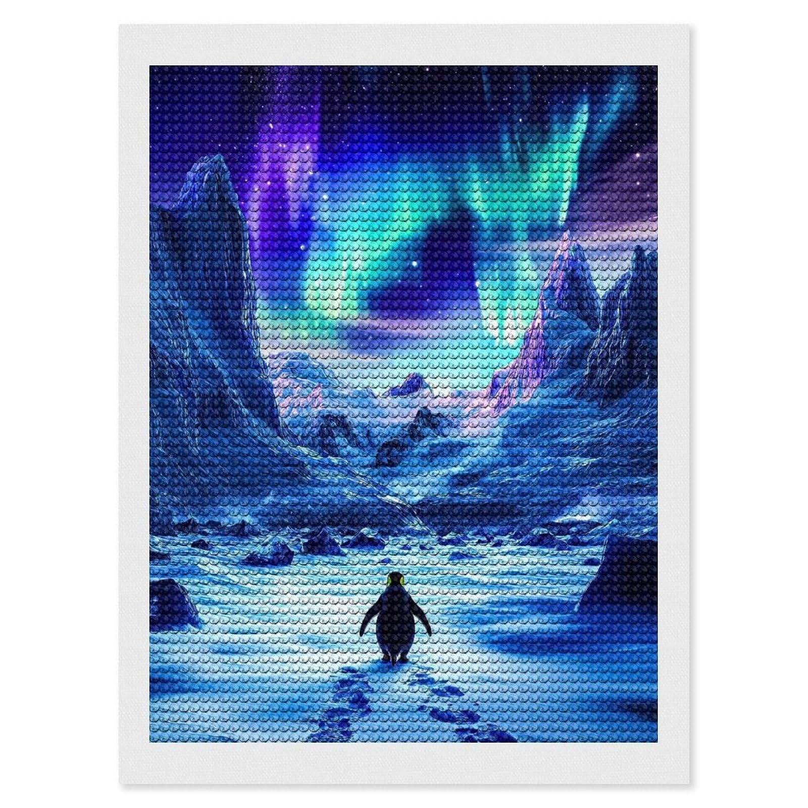Junmoney Penguin Under Aurora Borealis Diamond Painting Set 12"x16", Arts and Crafts, Wall Art Gift, Full Kit Included, Relaxing Handmade Project