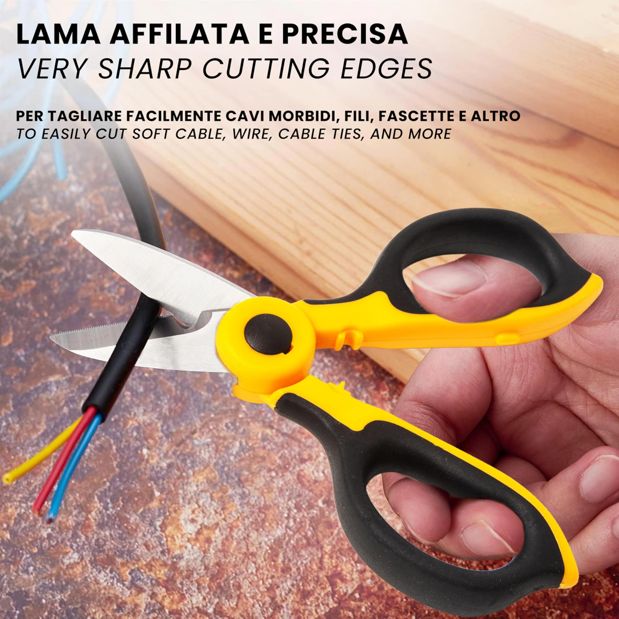 IPEA Forbici da Elettricista Professionali Isolate – [ Lama Retta da 50 mm in Acciaio Inox ] – Forbici da Elettricisti per Taglio Fili e Cavi Elettrici – Spelacavi e Spelafili – Elettricisti