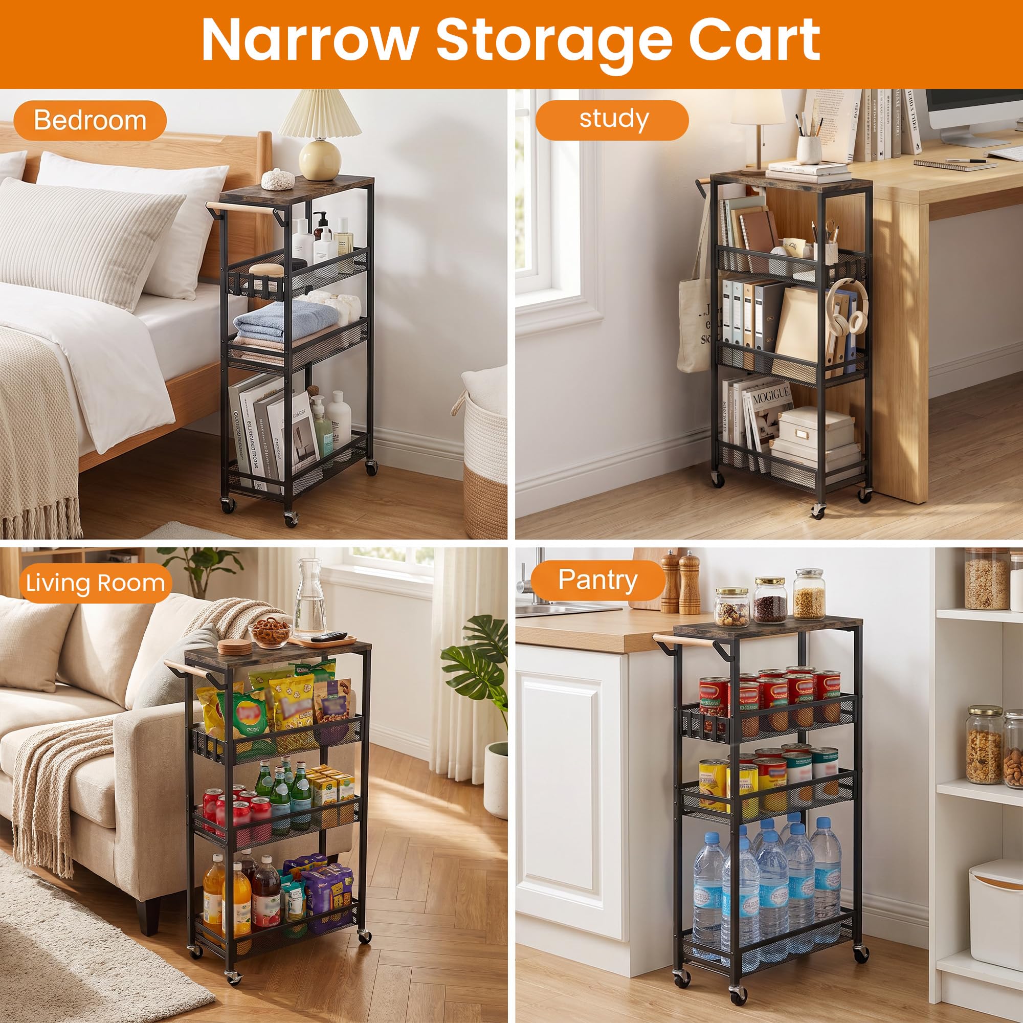 Carrello portaoggetti sottile con ripiano regolabile, 4 ripiani, largo 18 cm, con piano in legno, piccolo scaffale mobile in metallo, organizer per lavanderia, bagno, cucina