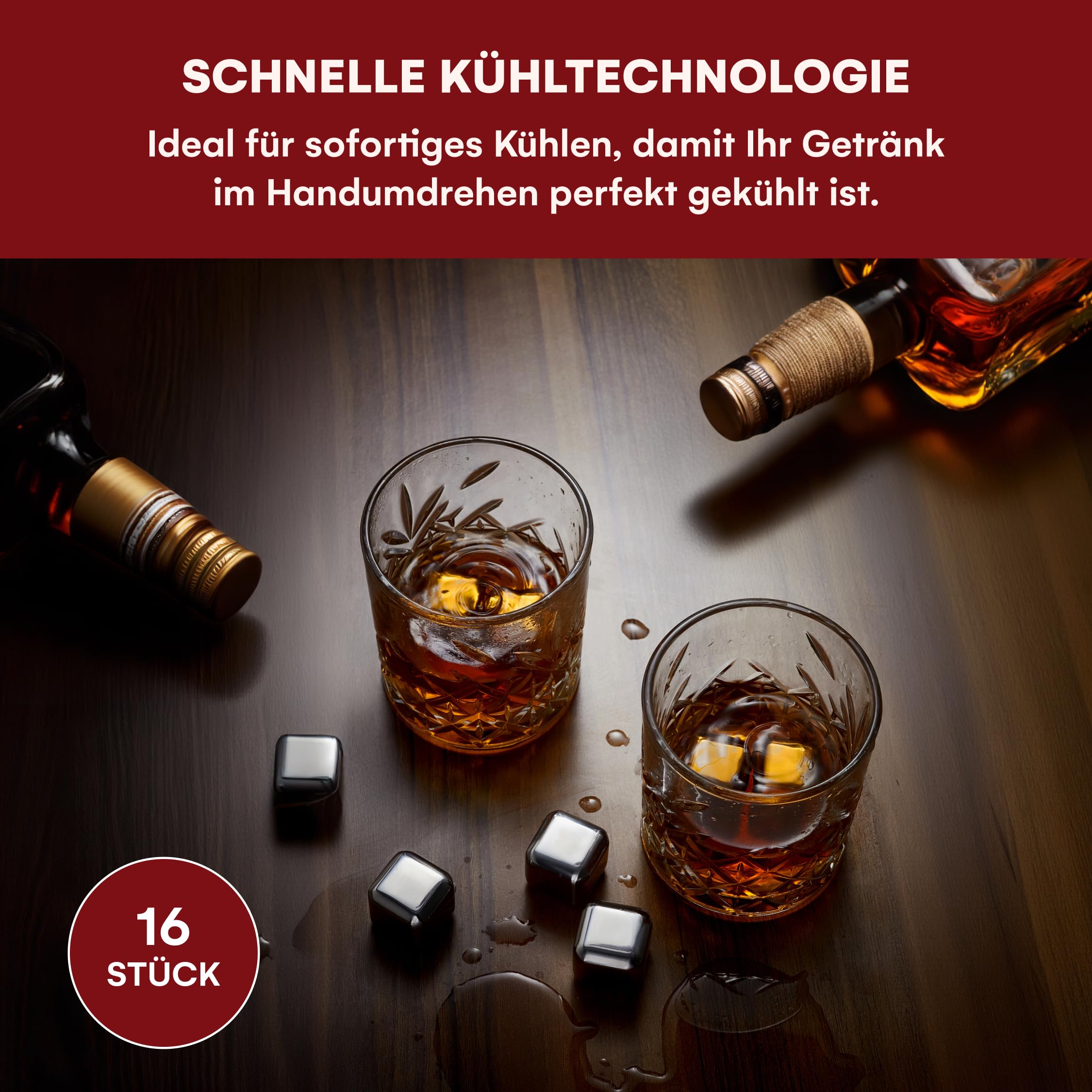 Kitchtic 16 Edelstahl Eiswürfel - Wiederverwendbare Eiswürfel - Rostbeständiger Metallstein zum Kühlen von Wein, Whiskey, und Mehr ohne zu Verdünnen - 2,6x2,6x2,6 cm, Silber - 16 Stück
