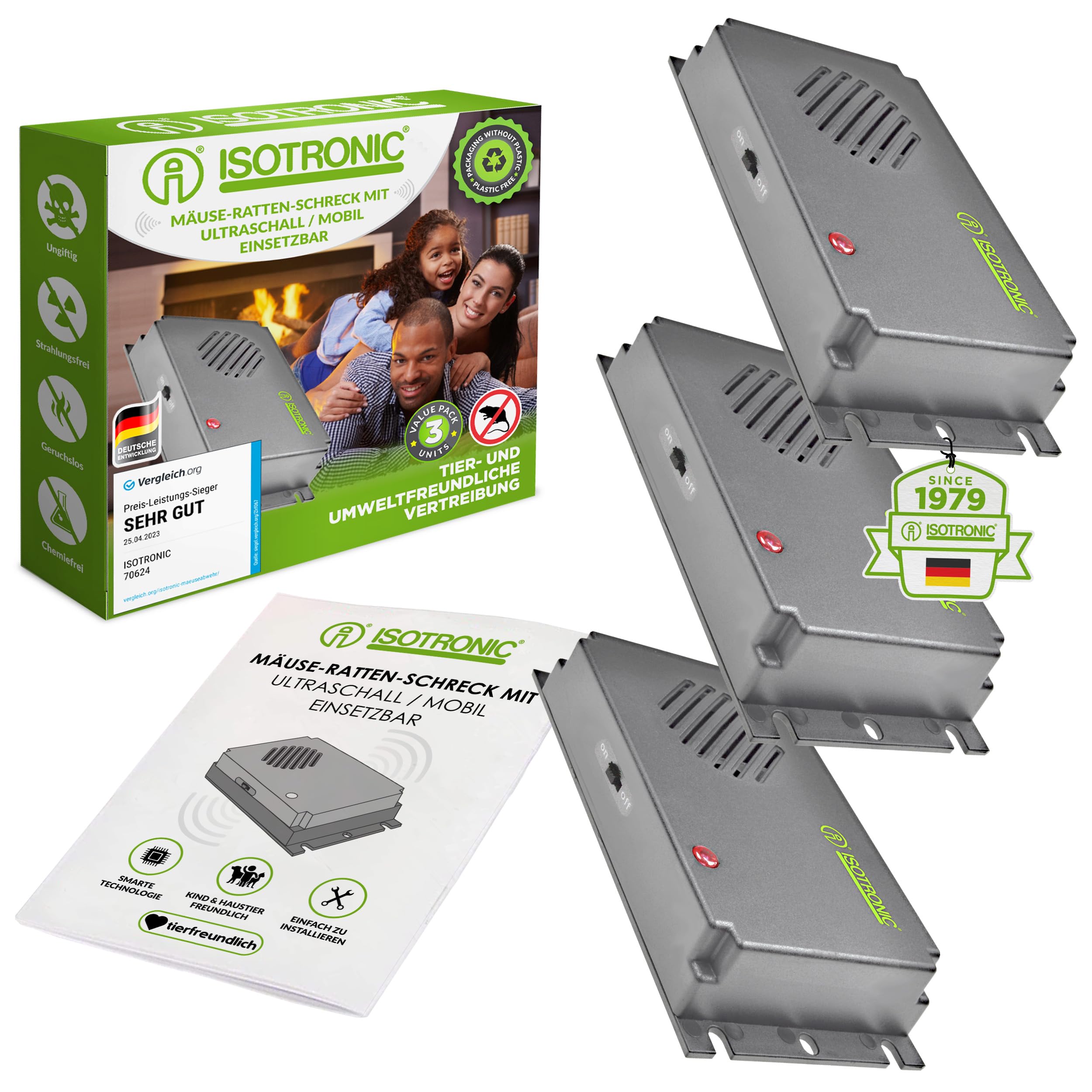 ISOTRONIC Ultraschall Mäuseabwehr zum Mäuse & Ratten vertreiben – Schädlingsvertreiber für Dachboden, Keller, Garage & Garten – Mäuseschreck ohne Gift & Mausefalle – 40m² Wirkungsbereich (3 Stück)