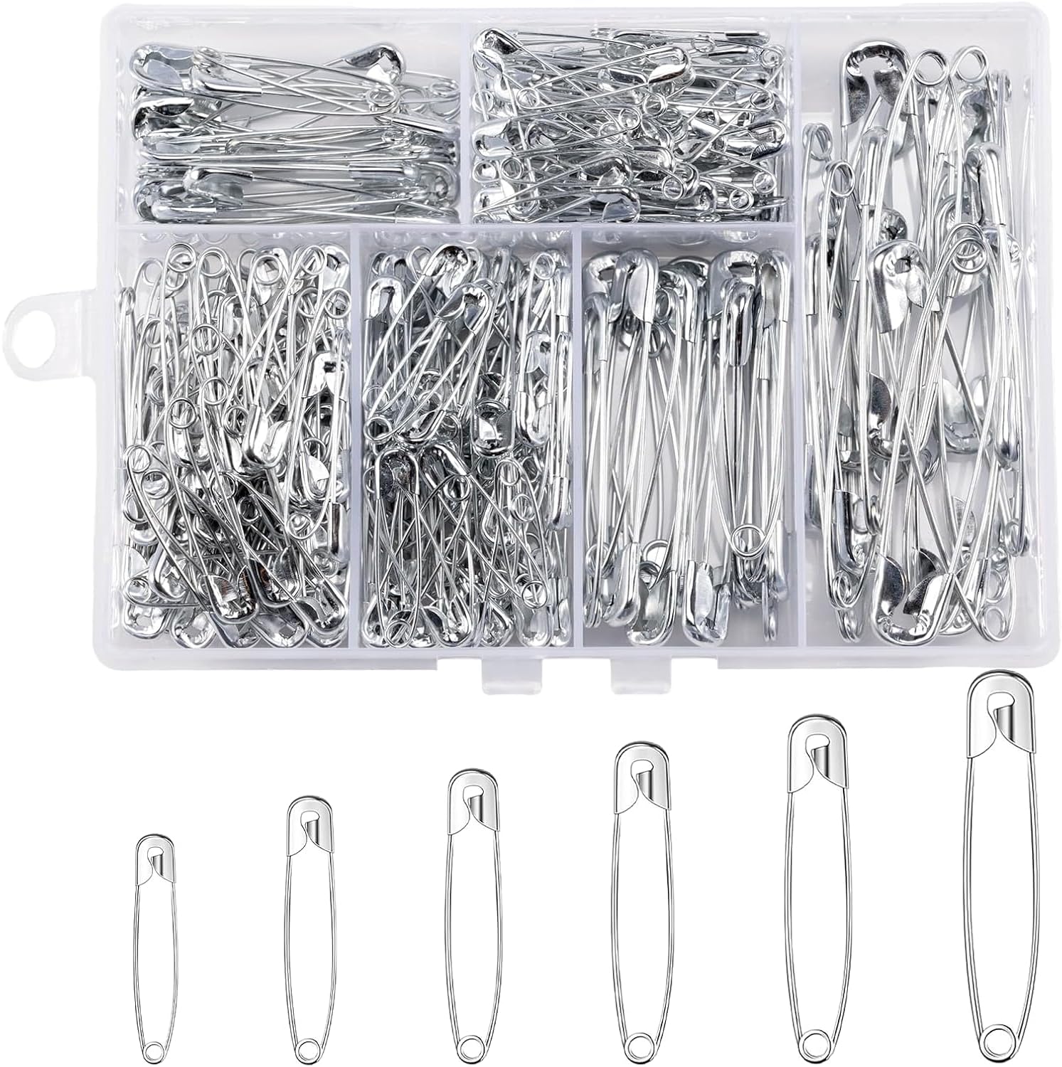 Heanvmyss 300 Pcs Safety Pins Assorted 6 Sizes with Storage Box,Large Safety Pins for Clothes,Sewing,Handicrafts,Jewelry(Silver)