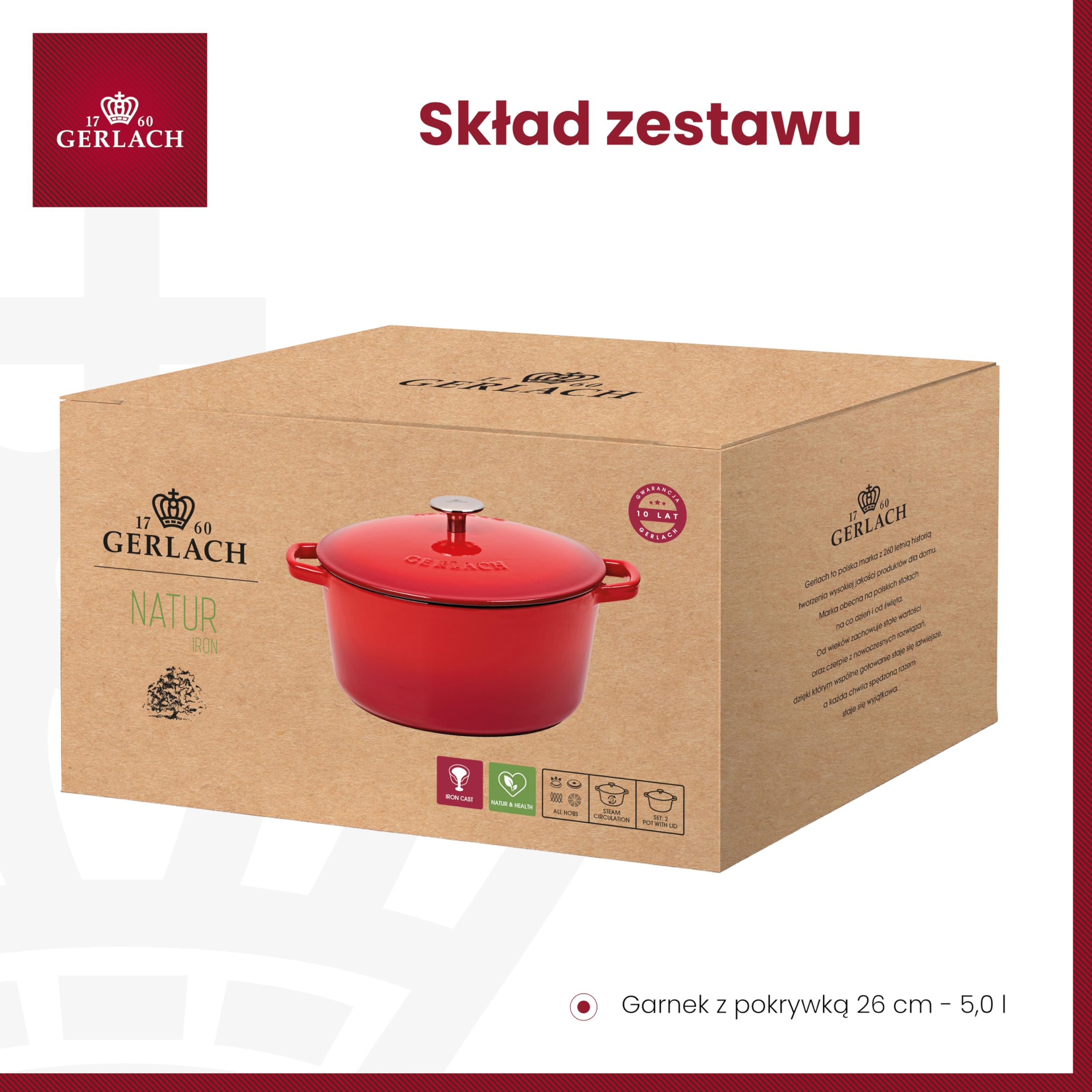 Gerlach 1760 Żeliwny Garnek Do Pieczenia Garnek Do Gotowania Smażenia Emaliowany Z Pokrywką 5 l Czerwony Natur Iron