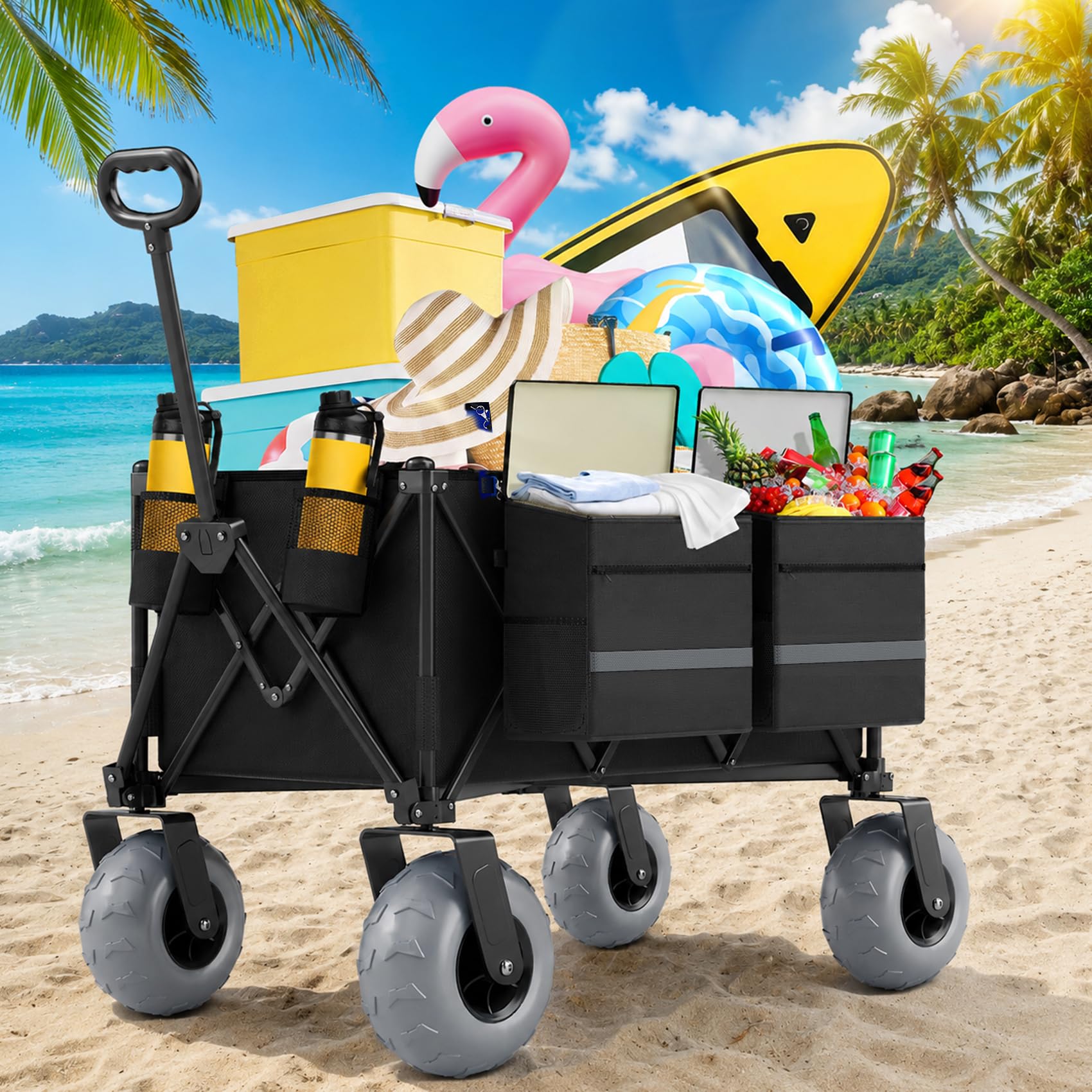 Photo 1 of Beach Wagon with Big Wheels for Sand, 350lbs Heavy Duty Folding Wagon, Oversized 180L, 9" PVC All-Terrain Wheels, Adjustable Handle, Cooler & Storage Bags for Beach, Camping & Outdoor Sports (Black)