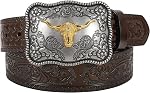 JASGOOD Western Leather Belt for Men Women Embossed Cowboy Cowgirl Leather Belt for Jeans Pants with Western Buckle