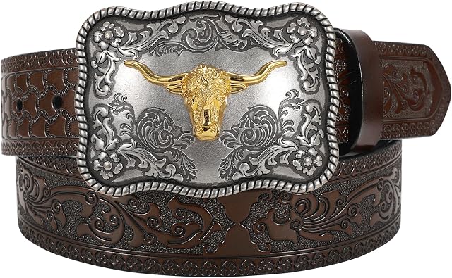 JASGOOD Western Leather Belt for Men Women Embossed Cowboy Cowgirl Leather Belt for Jeans Pants with Western Buckle
