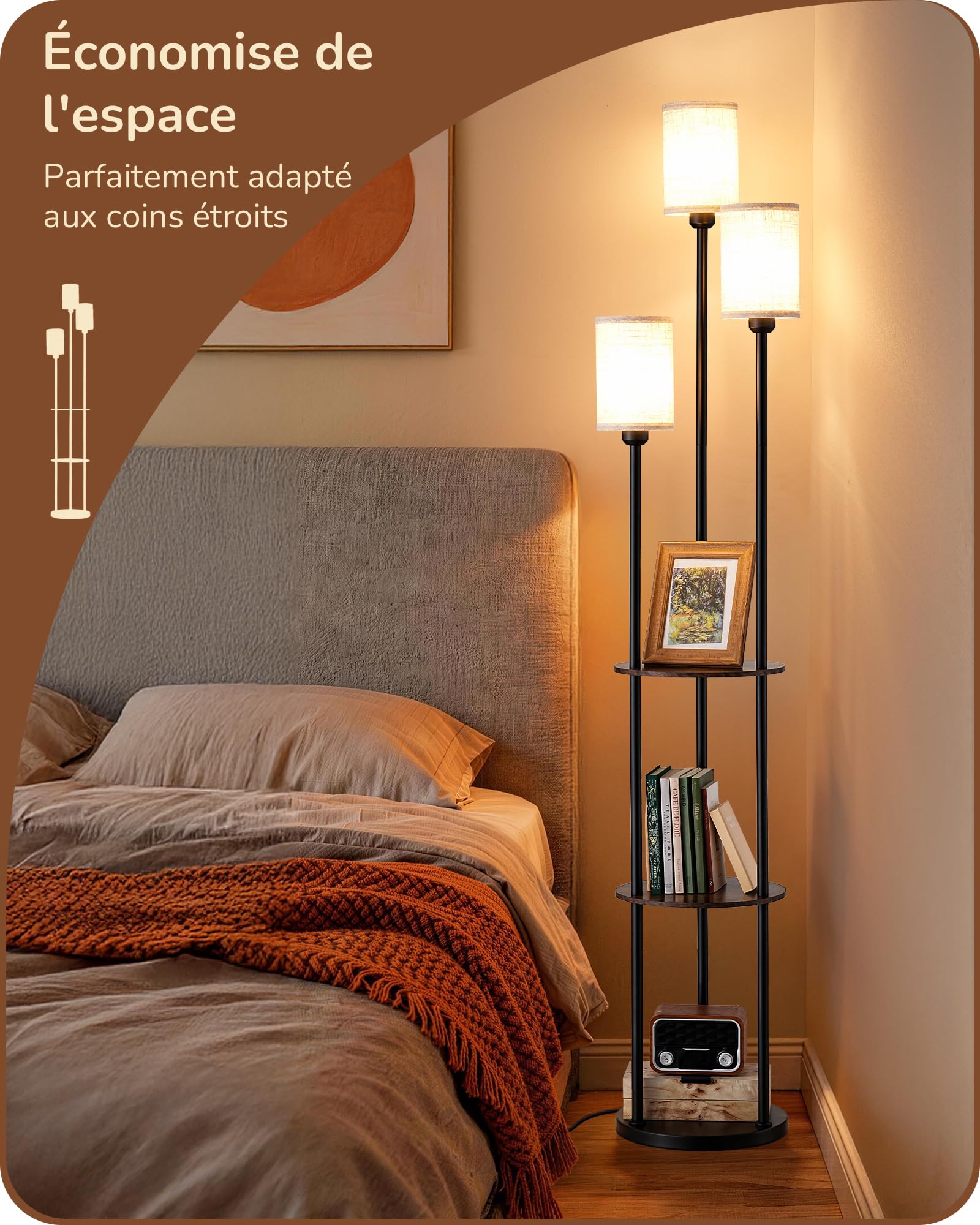 EDISHINE Lampadaire sur Pied pour Salon, Lampe sur Pied LED 3-Flamme avec Étagère et Abat-Jour en Lin, Douille E27, Ampoules Incluses, Lampe Moderne pour Chambre et Bureau, 178 cm