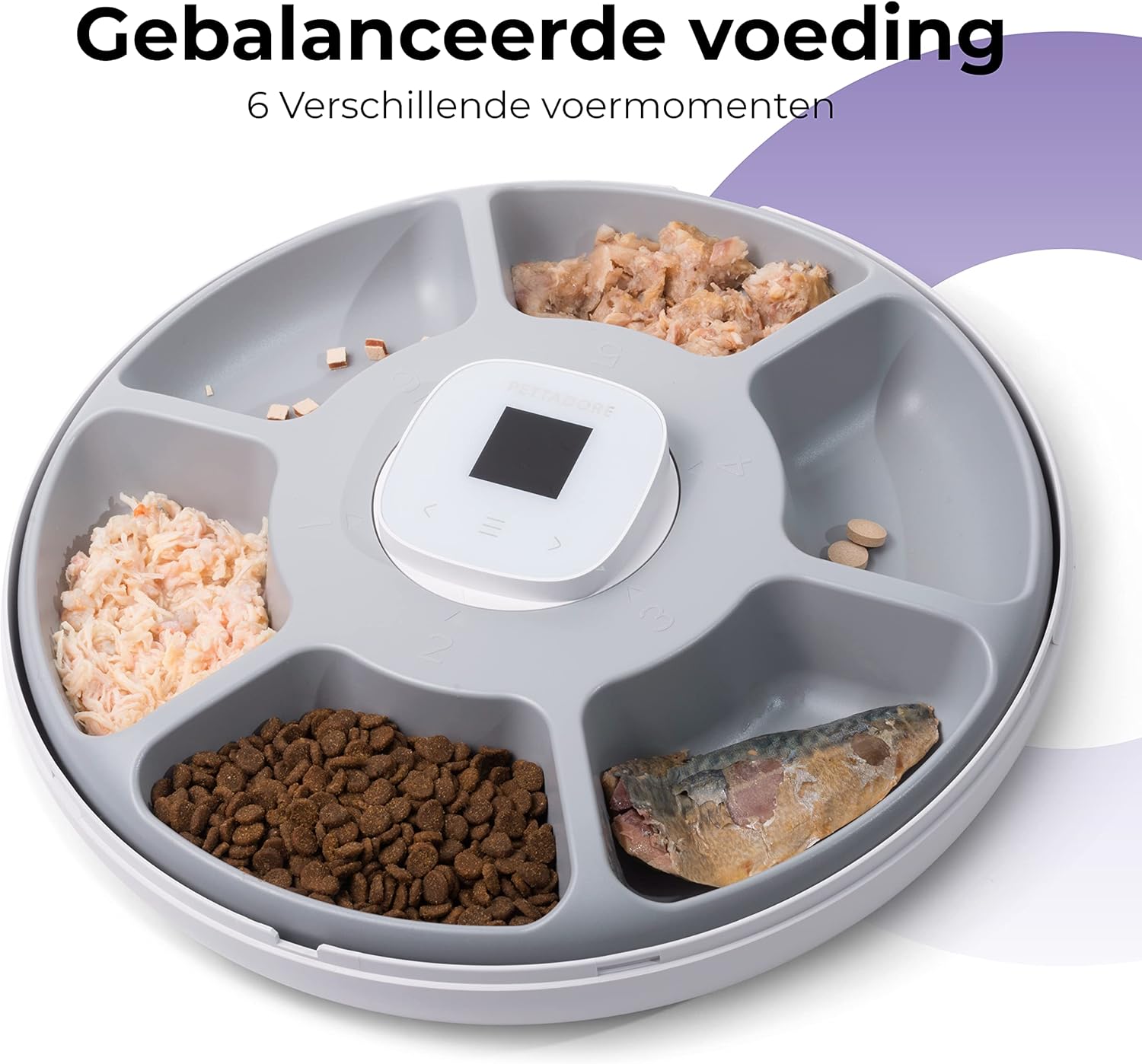 Pettadore Nutri Turn with six compartments filled with various types of pet food including dry kibble, wet food, and treats.