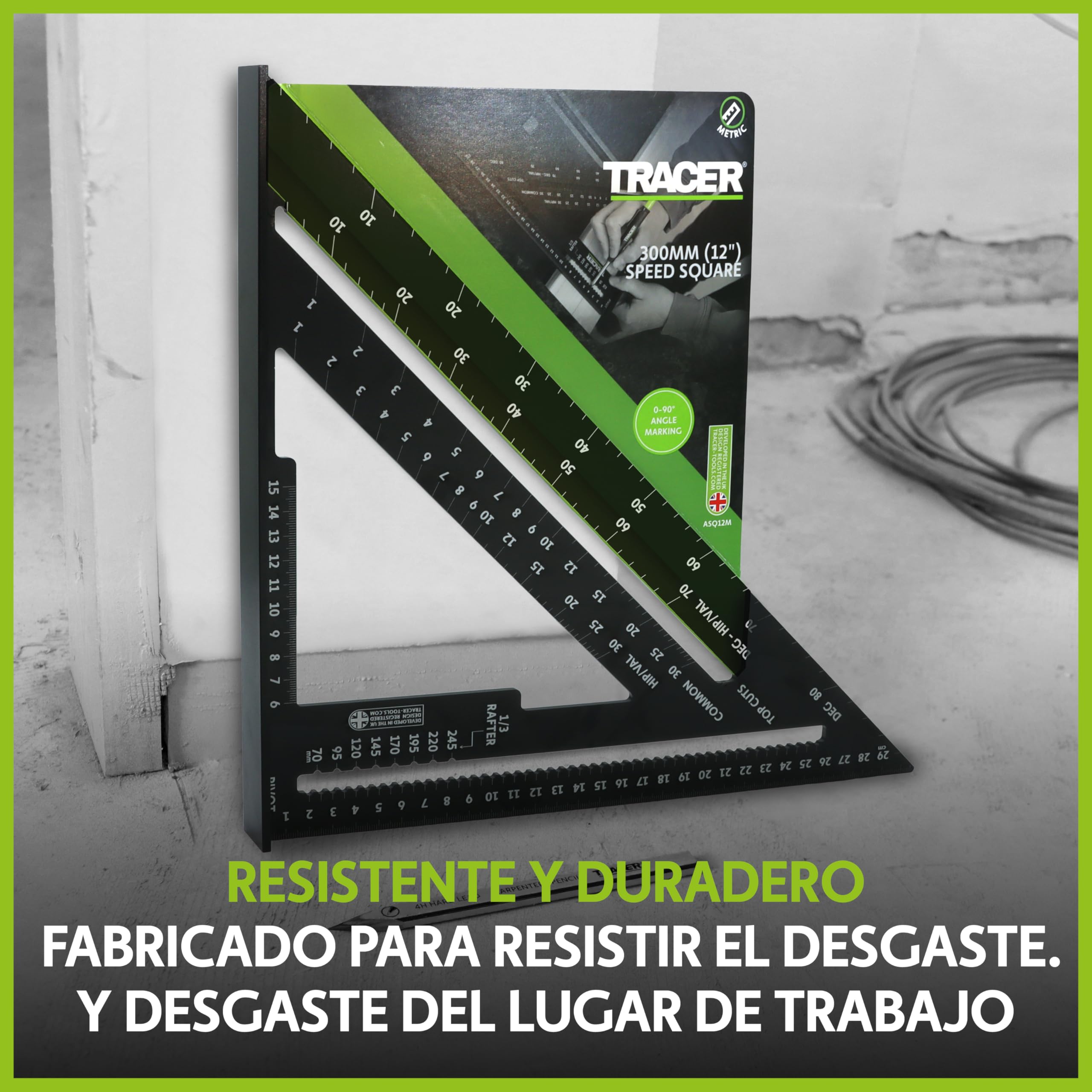 TRACER Speed Square 300 mm (12 pulgadas). Cuadrado de balsas con escalas métricas y de cadera y valle. Herramienta de marcado para techos y carpintería