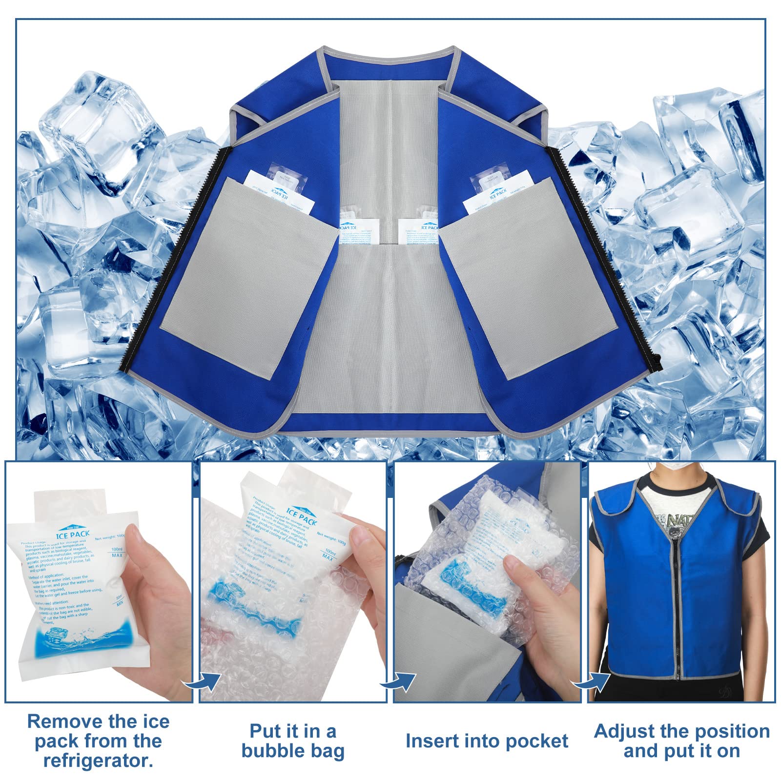 Kühlweste für Herren und Damen, Eiskühlung, Arbeitsweste mit 40 Kühlpacks und 12 Luftpolstertaschen, Eissport, Kühlweste für Wärmeentlastung, Kühljacke zum Angeln, Radfahren, Laufen, Garten, Motorrad,
