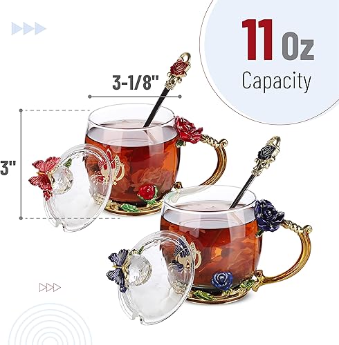 Miniatura 3 de BTaT- Juego de tazas de té de vidrio floral con tapas y cuchara, paquete de 2, 11 onzas, azul y rojo, diseño de flores con caja de regalo, tazas de