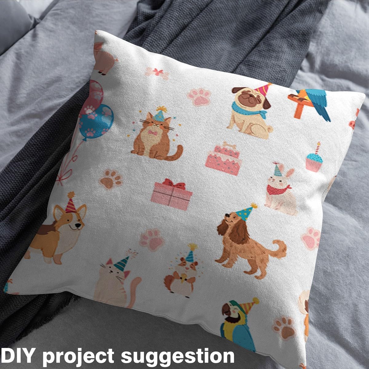 Cute Dogs Fabric by The Yard Kawaii Pet Puppy Sweet Cake Decor Fabric for Kids Teens Girls Lovely Paw Print Happy Birthday Theme Fabric for Room Decor and DIY Upholstery 3 Yards,108" L x 59" W