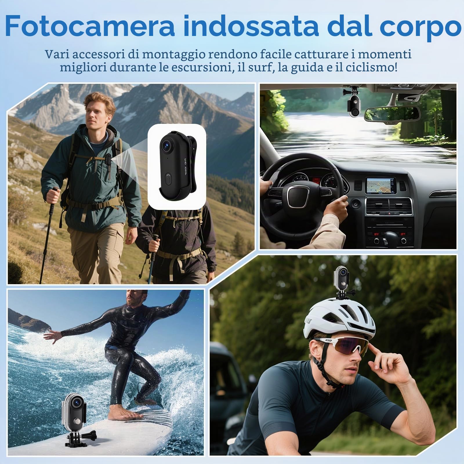 Action Cam, fotocamera impermeabile, 64 GB, mini bodycam per bicicletta, dash cam, WiFi, videocamera per il corpo, per casco e moto, fotocamera sportiva con magnete e morsetto a 360°, per
