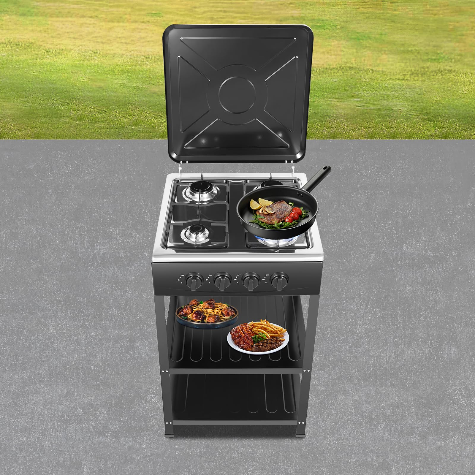 Plato de cocina de gas de 4 fuegos con estante de 2 niveles, cocina de gas independiente de hierro, encendido manual para propano y gas natural, cocina de camping para el hogar y autocaravana, color