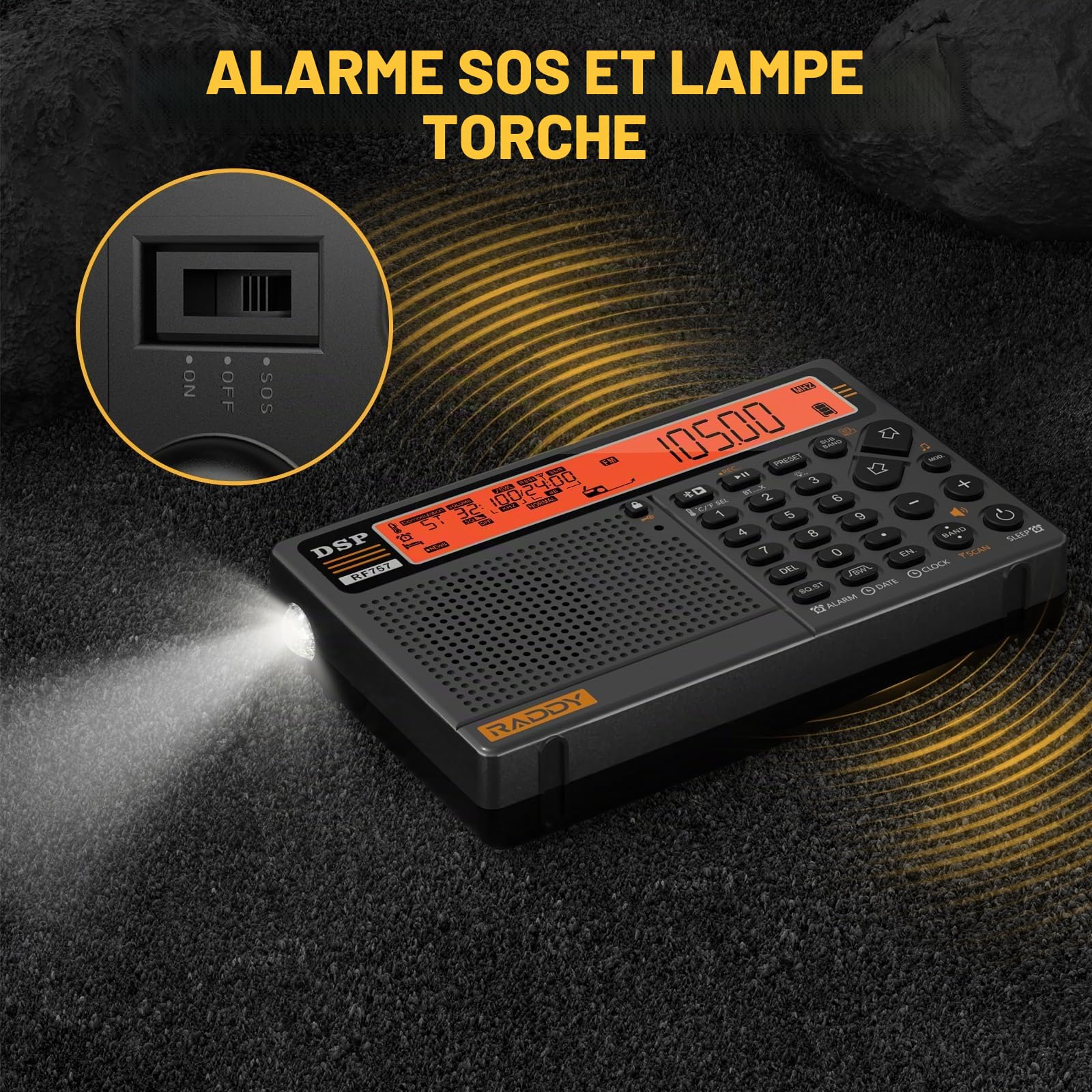 Raddy RF757 Radio à Ondes Courtes de contrôle par Application, Radio Portable avec réception AM/FM/SW/VHF/UHF/CB/AIR, Batterie 2500 mAh, 1000 préréglages, Casque, antenne Filaire, Alarme & SOS