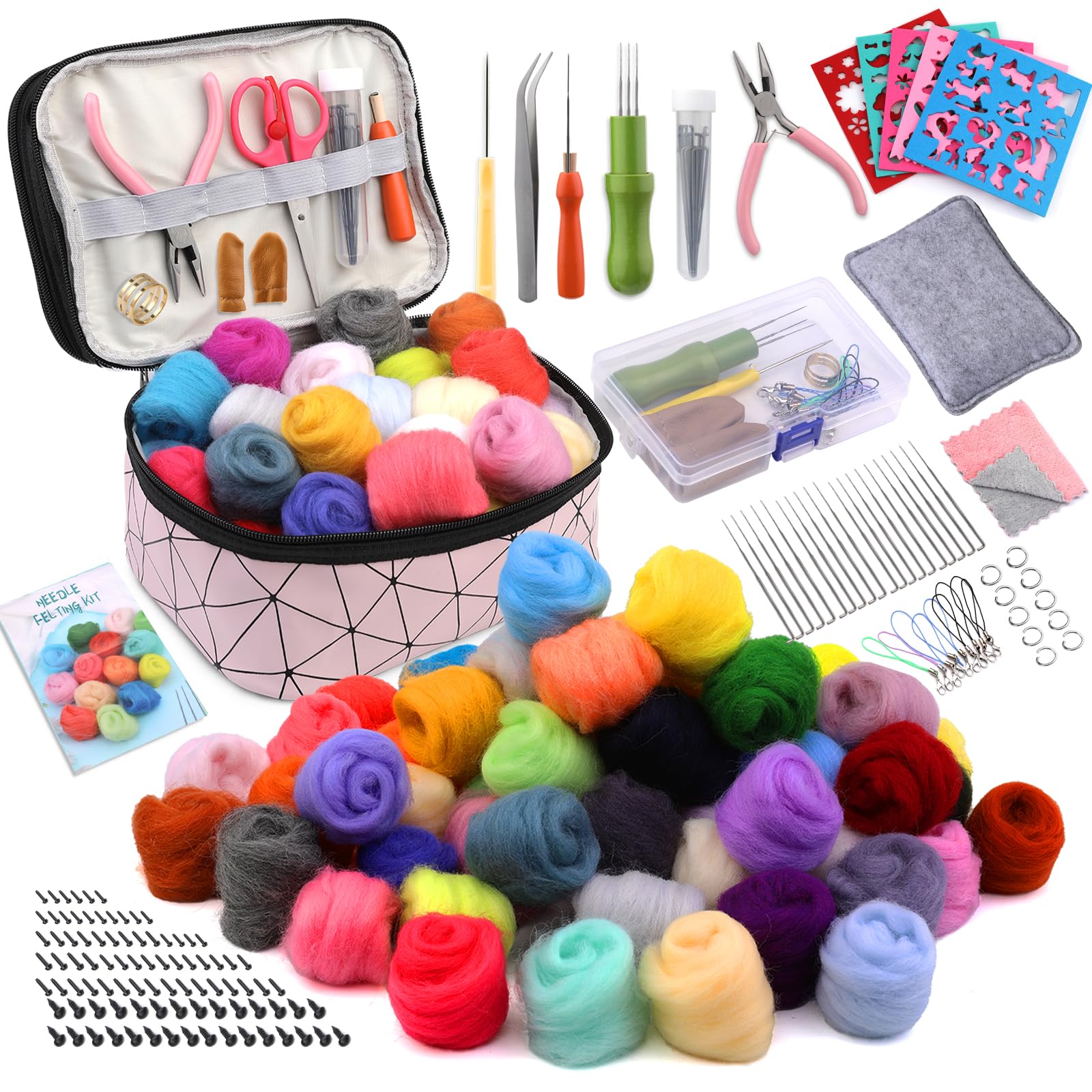 Axmru 215-teiliges Nadelfilz-Set, Wollgarn, 60 Farben, Grundfilz-Werkzeuge und Zubehör, Nadelfilz-Starter-Set, Handwerk mit Schaumstoffmatte, Filzformen und Aufbewahrungsbox für DIY Handwerk