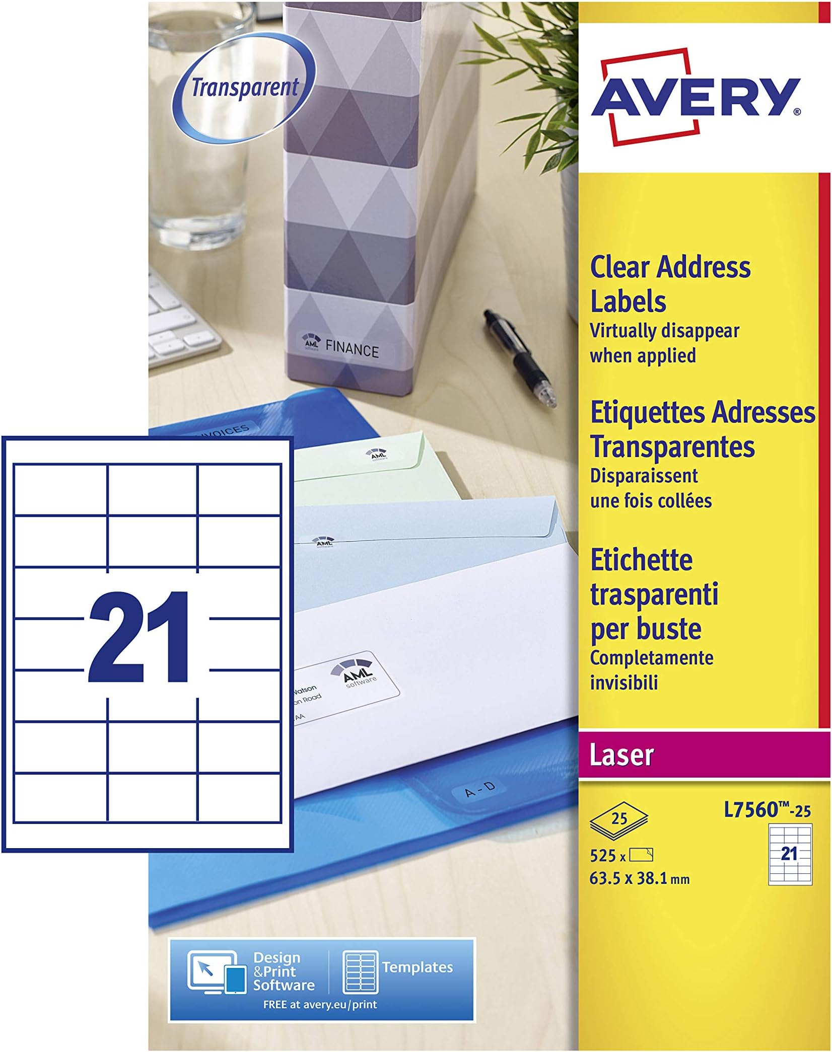 Avery Self Adhesive Clear Address Mailing Labels, Laser Printers, 21 Labels Per A4 Sheet, 525