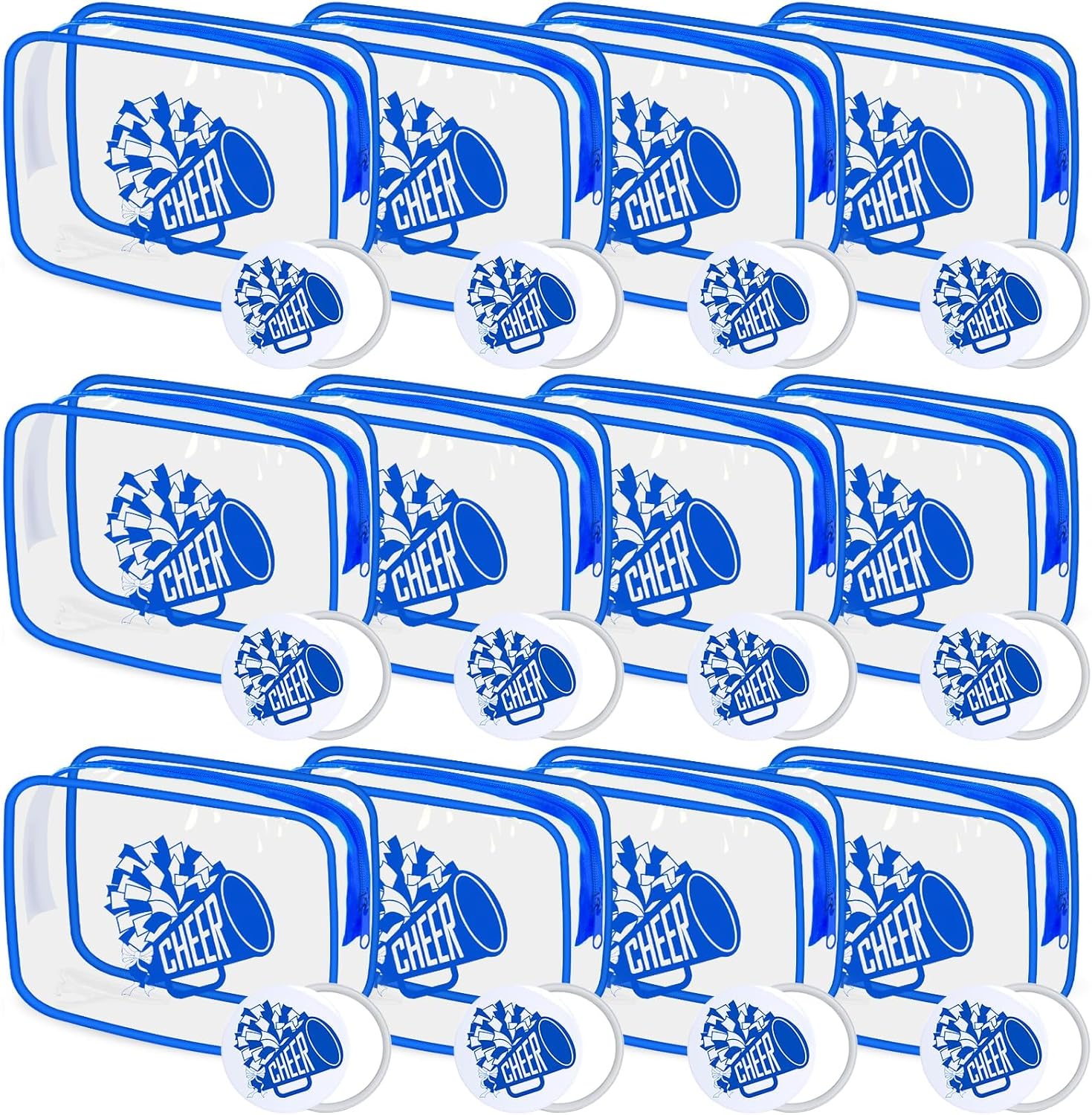 24 Pcs Cheerleader Gifts Bulk for Team 12 Cheer Makeup Bags and 12 Round Portable Mirror,7 x 4.7 x 2.4'' Cosmetic Bag for Women Party Favors Team Gifts (Blue)