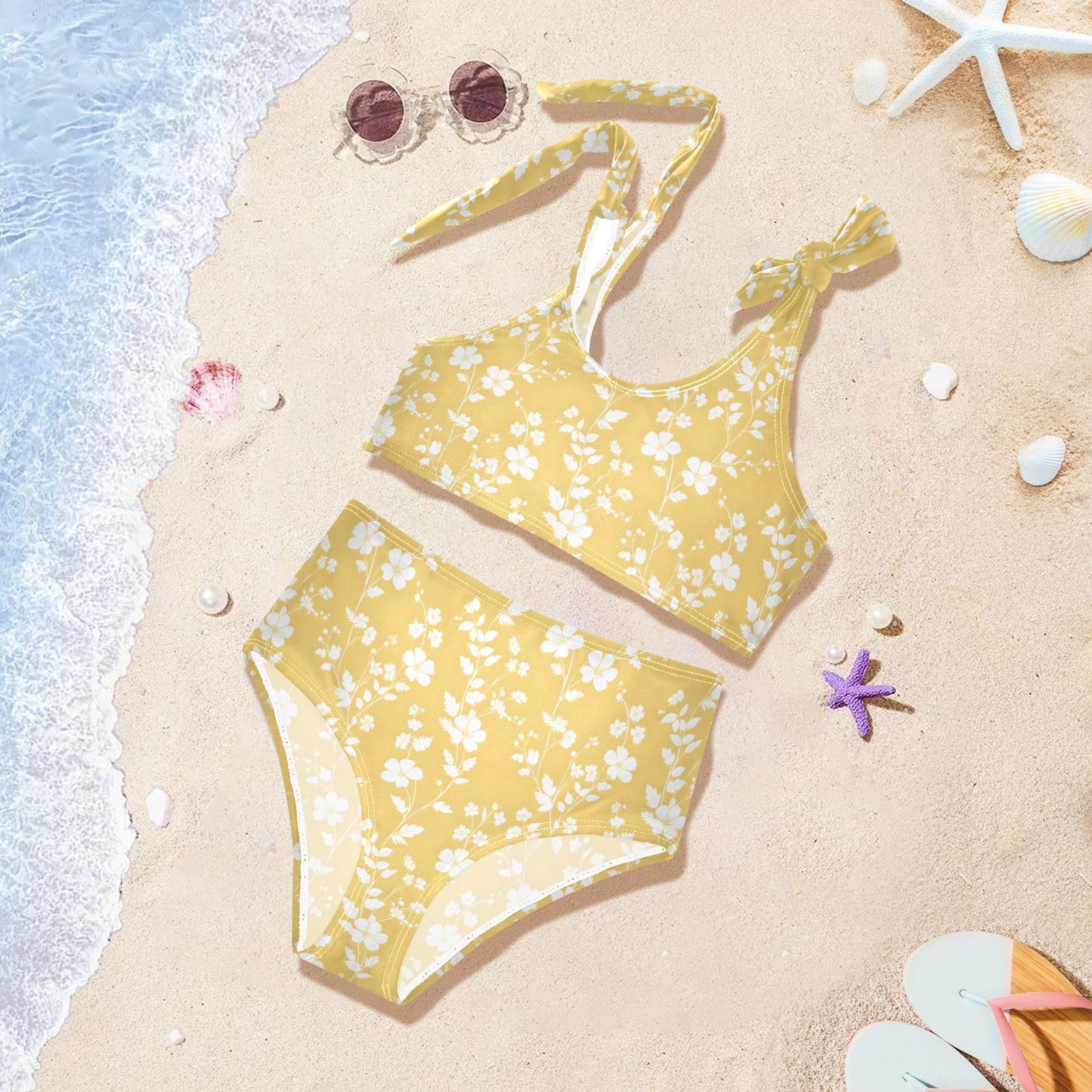 Flower Yellow Pattern Girls Tankini Swim Set, Two Piece Swimsuits Summer Bikini Swimwear Set for Girls, 3T
