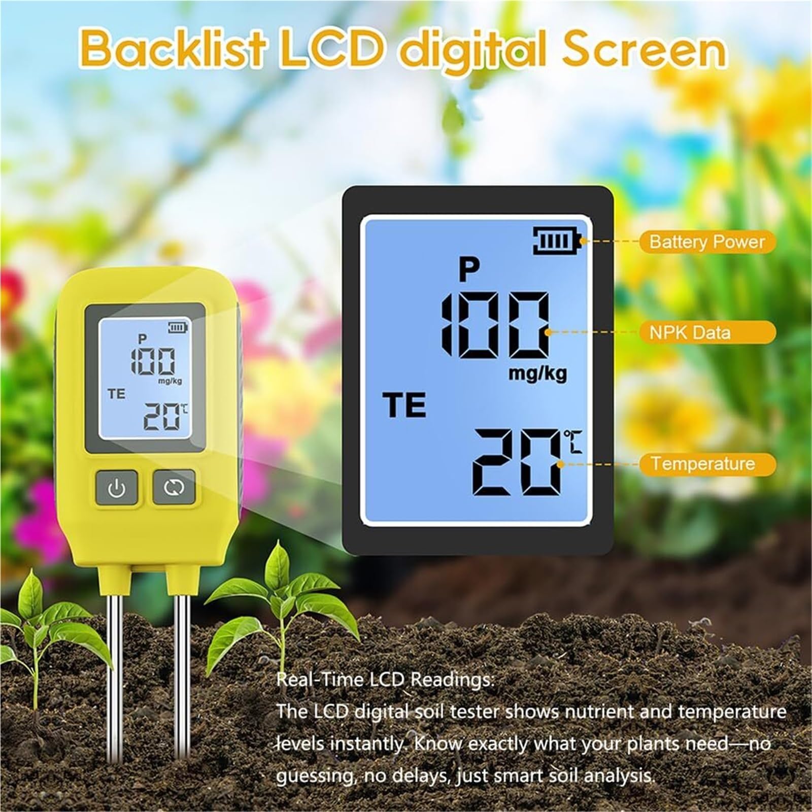 Probador de suelo NPK 4 en 1 LCD digital, medidor de fertilidad del suelo for nitrógeno, fósforo, potasio y temperatura, analizador de suelo de alta precisión